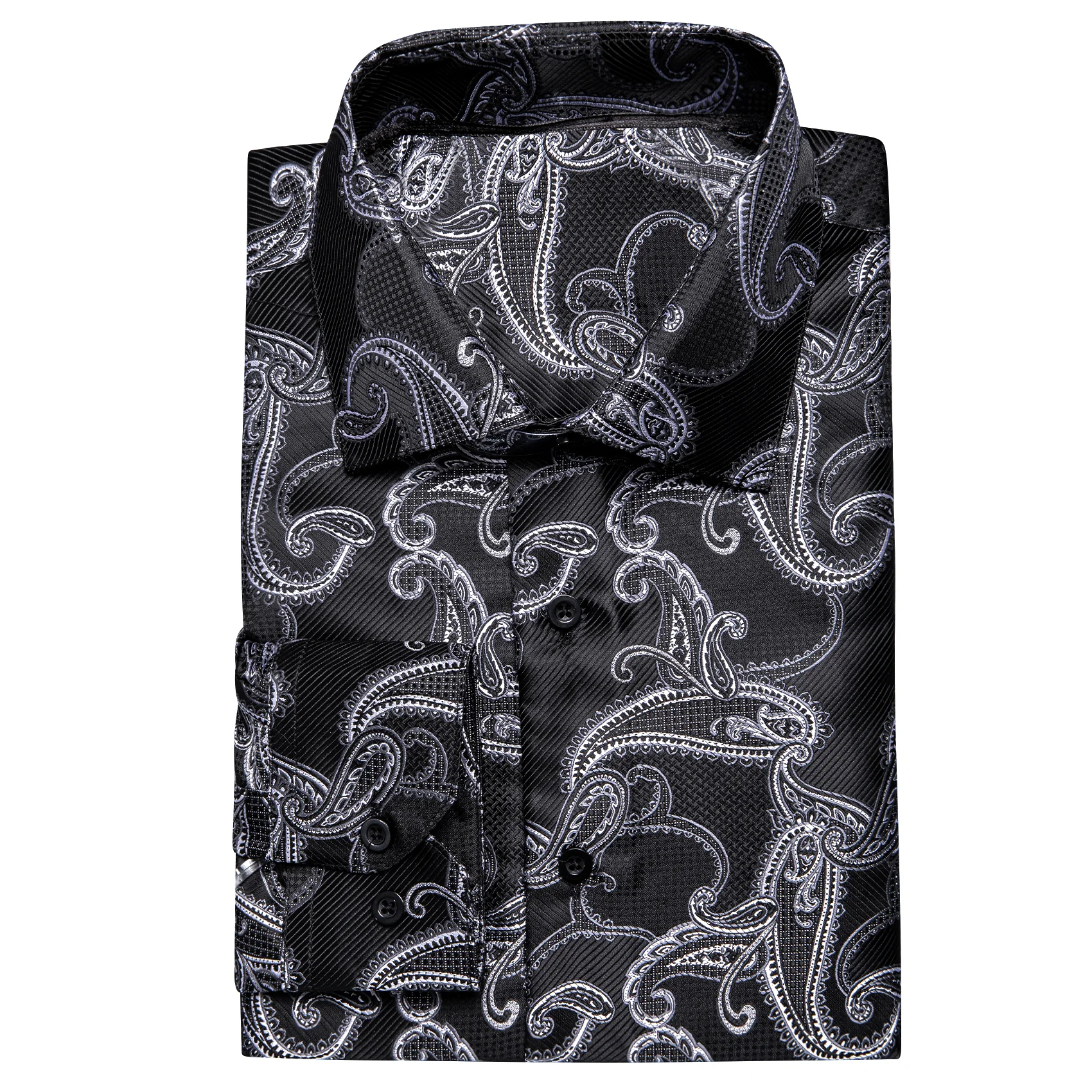 Black White Paisley Pattern Silk Men's Long Sleeve Shirt
