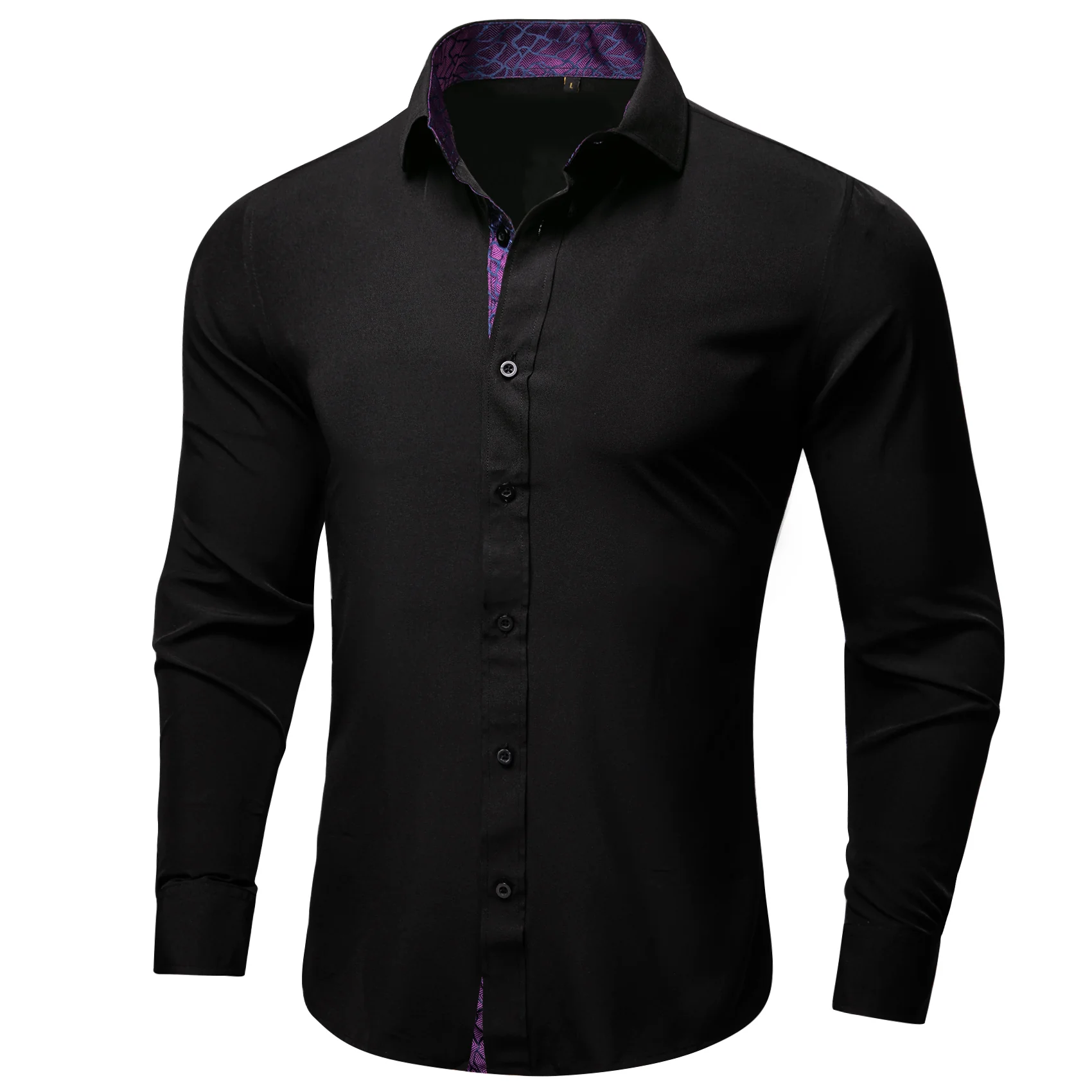 Splicing Style Black with Purple Novelty Edge Men's Solid Long Sleeve Shirt