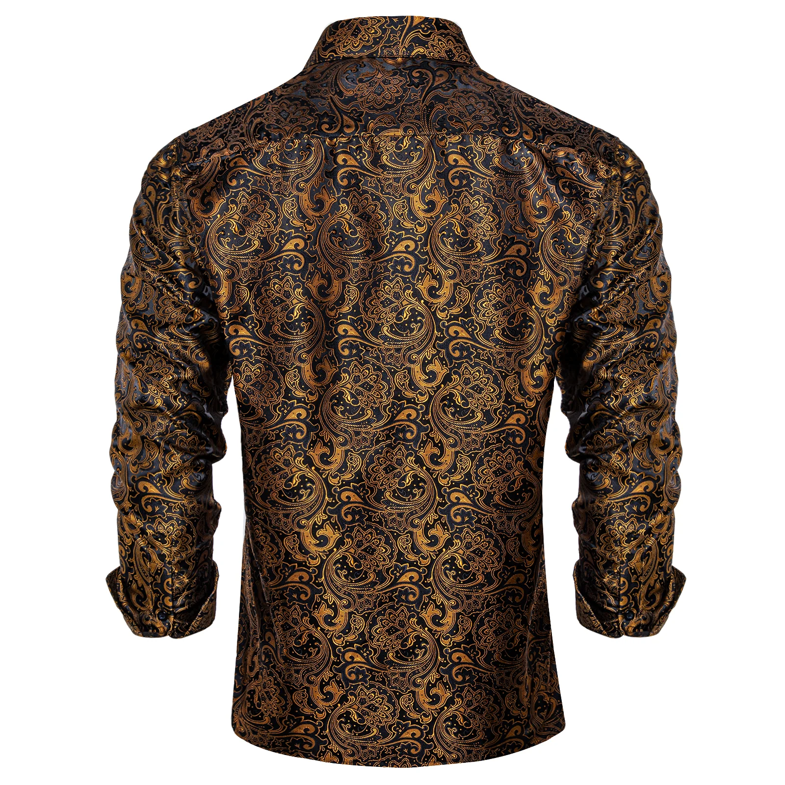 Black Golden Floral Silk Men's Long Sleeve Shirt