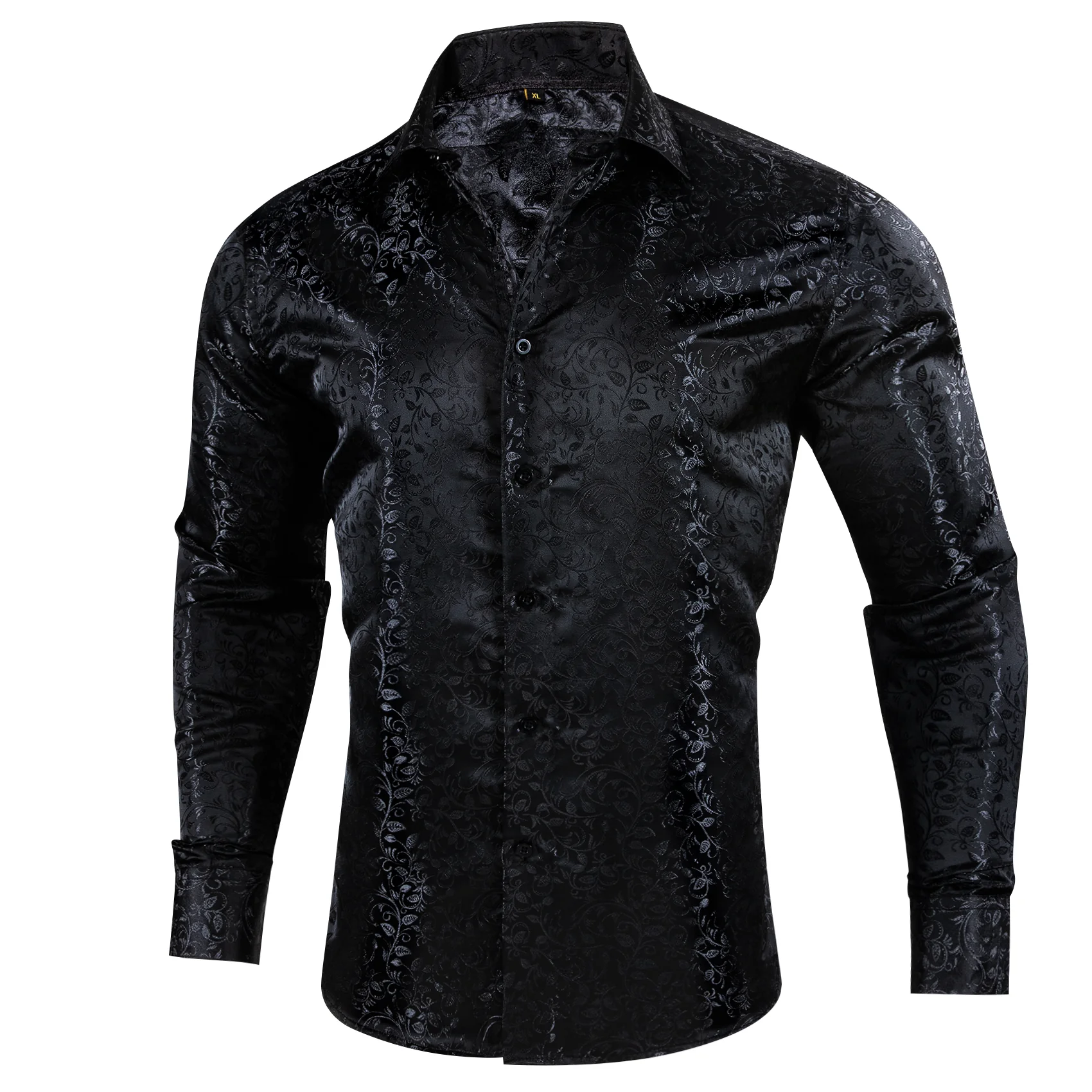 Black Floral Pattern Silk Men's Long Sleeve Shirt