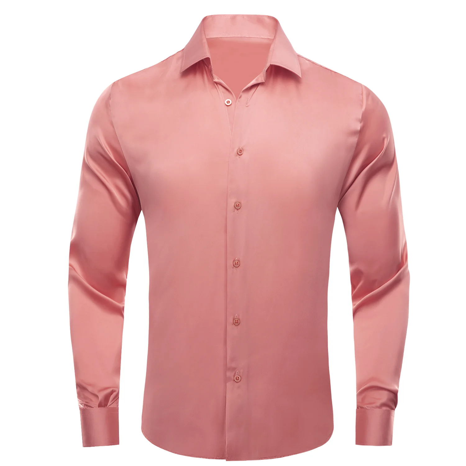 Rose Pink Solid Satin Chiffon Non-stretch Men's Long Sleeve Shirt