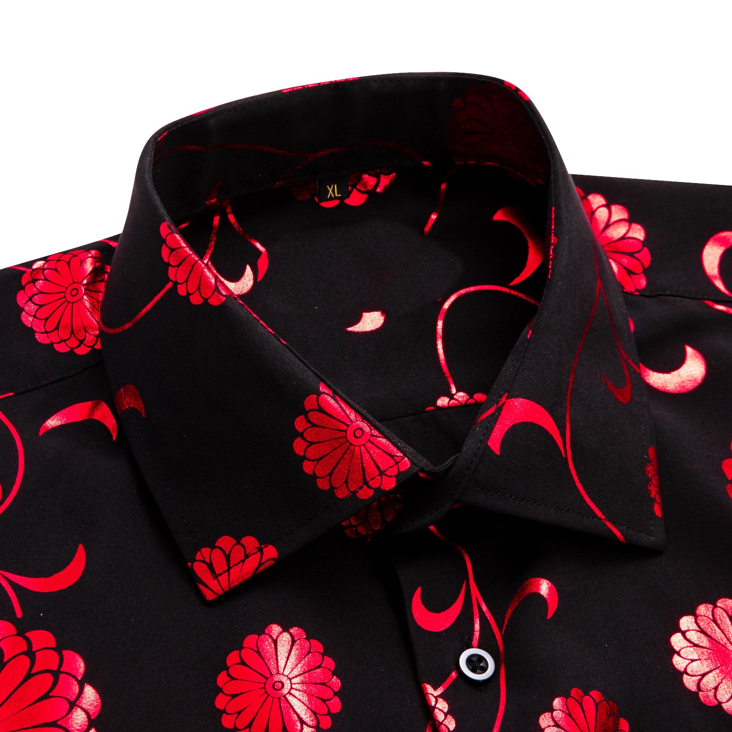 New Black Shirt with Red Chrysanthemum Floral Silk Men's Short Sleeve Shirt
