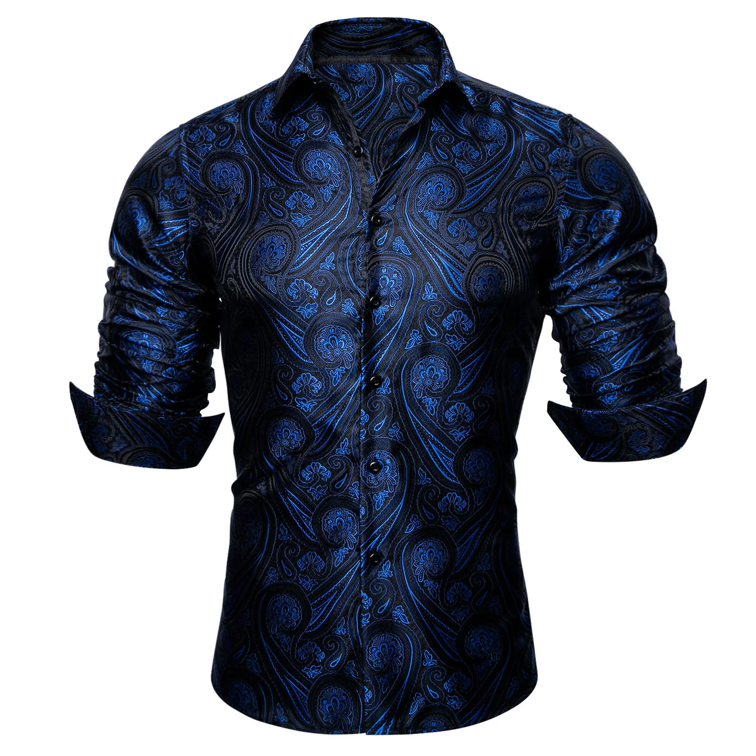 New Dark Blue Paisley Silk Men's Long Sleeve Shirt