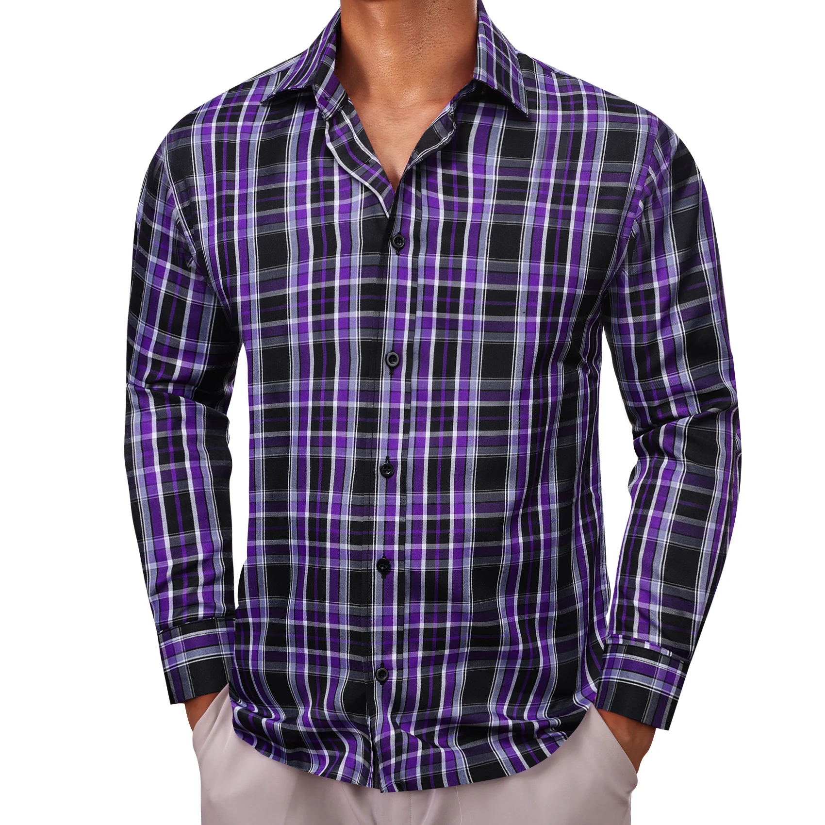 Purple Black Plaid Men's Long Sleeve Work Shirt