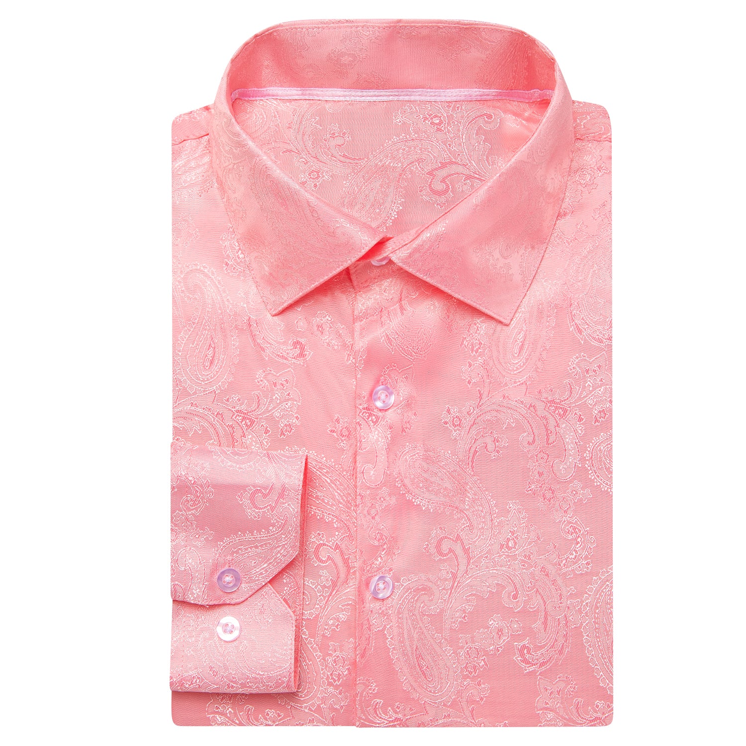 Coral Pink Solid Satin Men's Long Sleeve Shirt