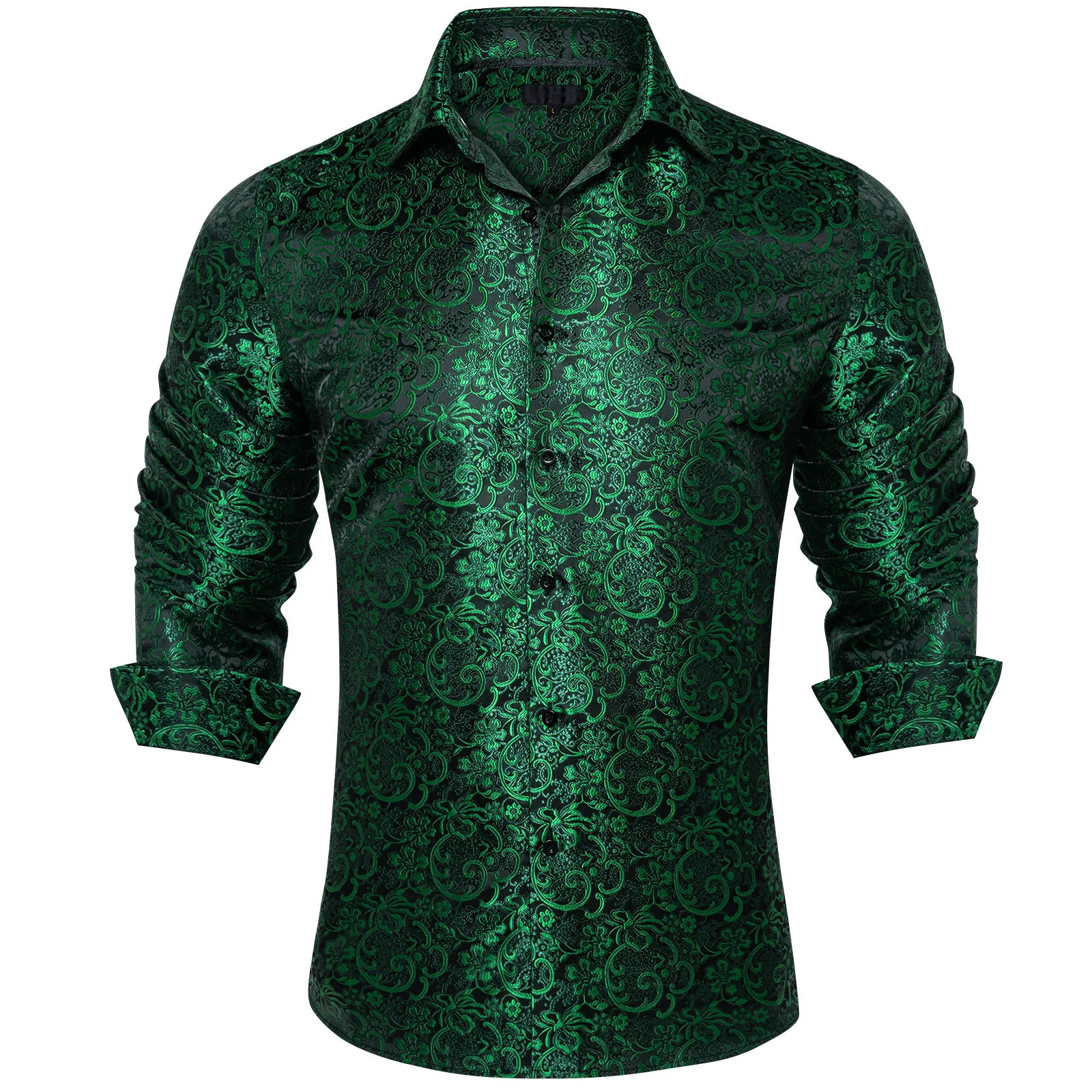 Sapphire Pine Green Floral Silk Men's Long Sleeve Shirt