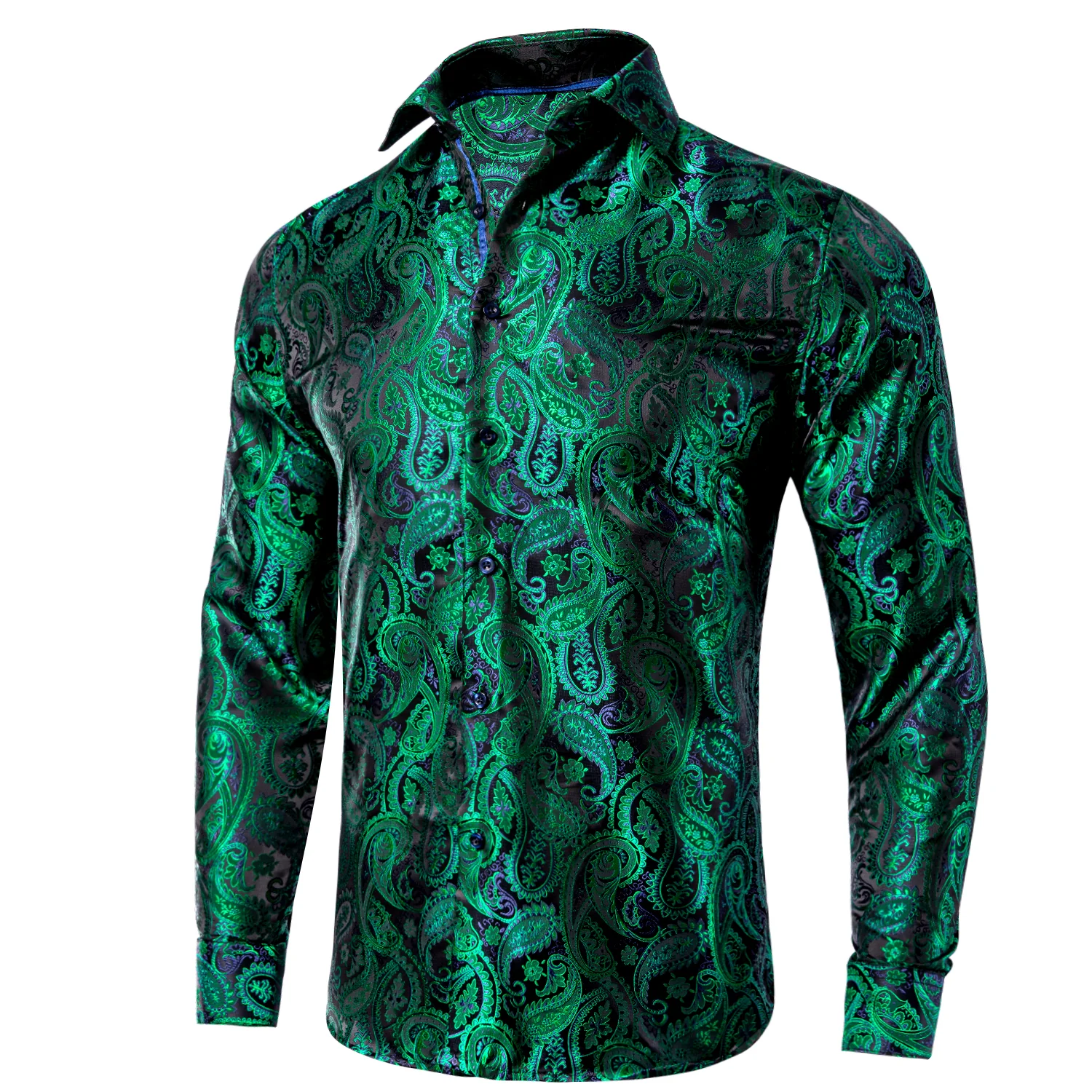 Green Black Paisley Pattern Silk Men's Long Sleeve Shirt