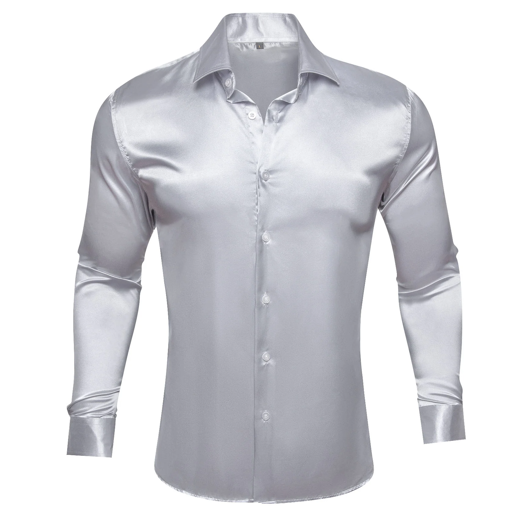 Silver Grey Solid Silk Men's Long Sleeve Shirt