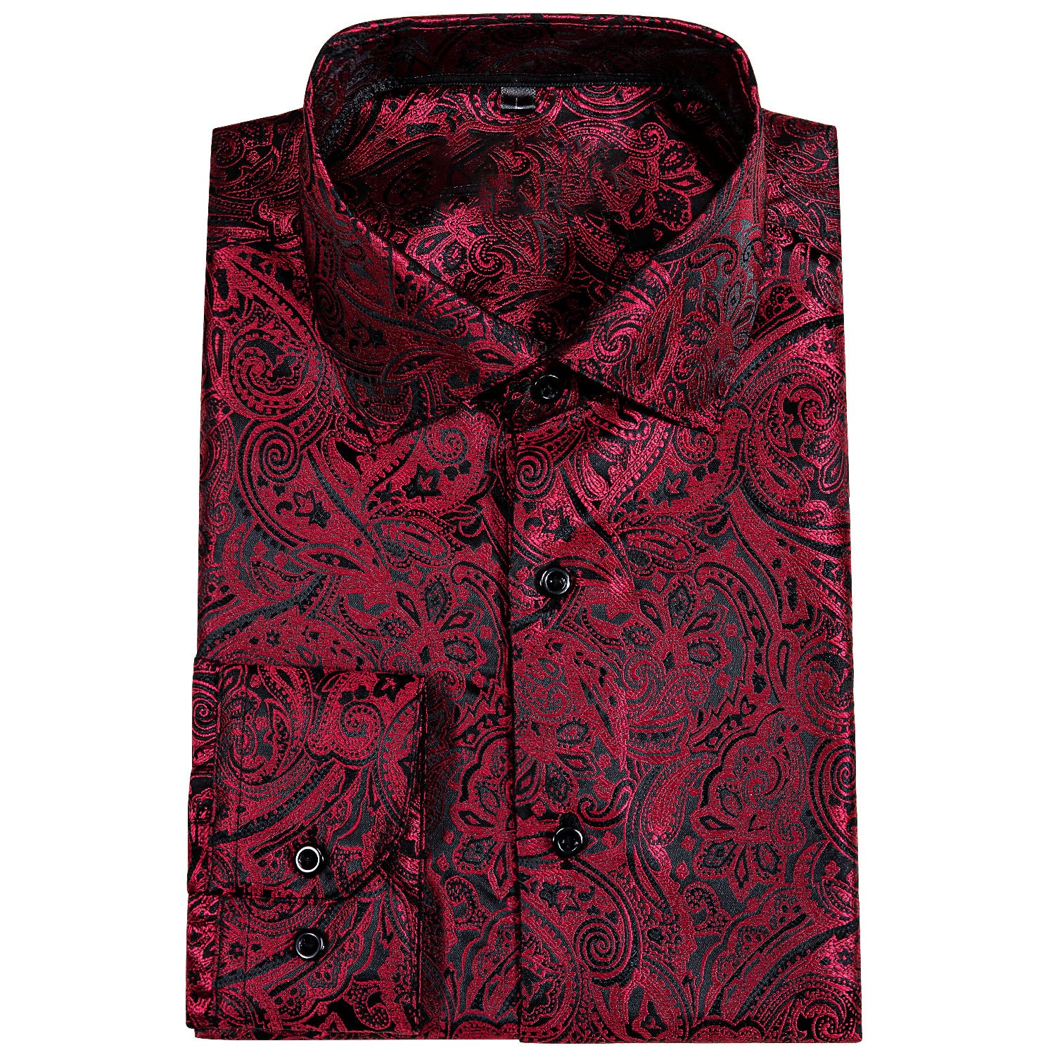 Red Black Paisley Silk Men's Long Sleeve Shirt