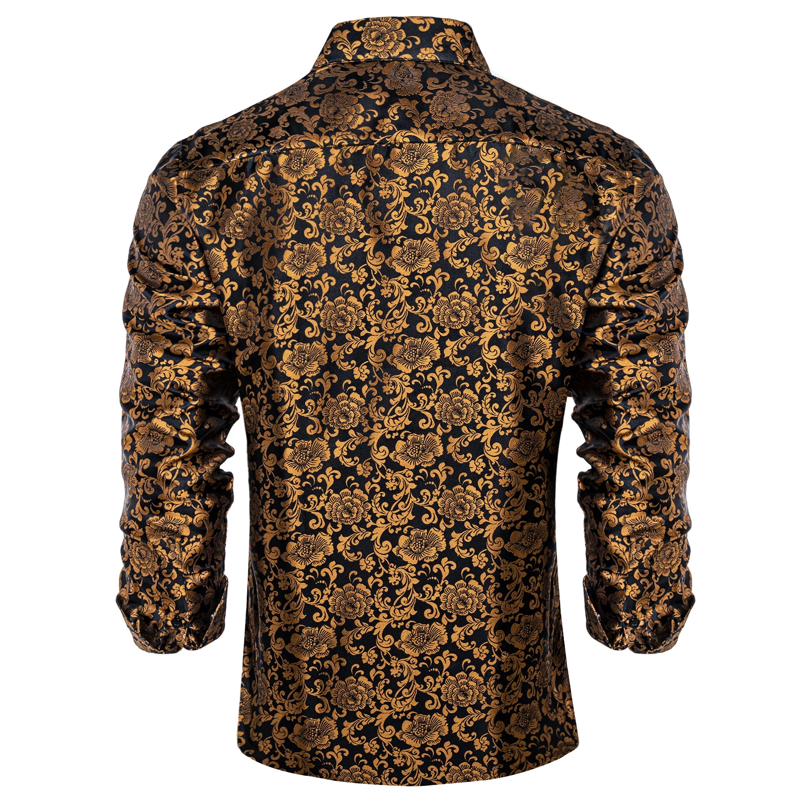 New Golden Brown Floral Silk Men's Long Sleeve Shirt