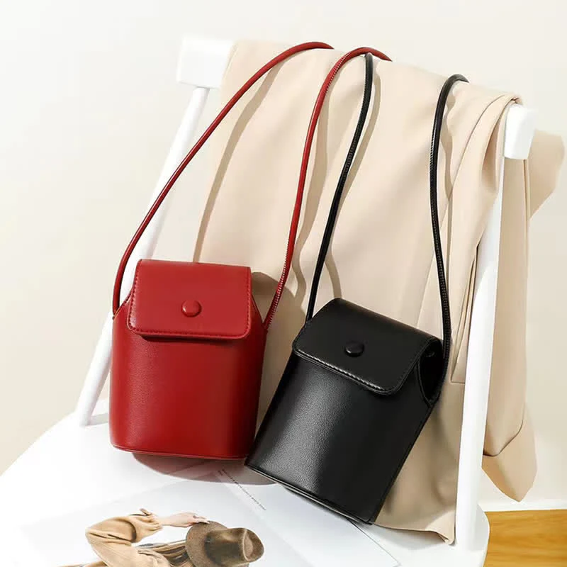 Women Mini Retro Bucket Bag PU Leather Phone Bag Crossbody Bag