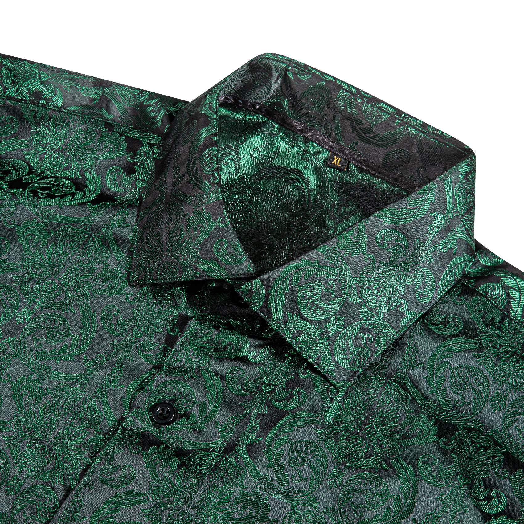 New Dark Green Floral Pattern Silk Men's Long Sleeve Shirt