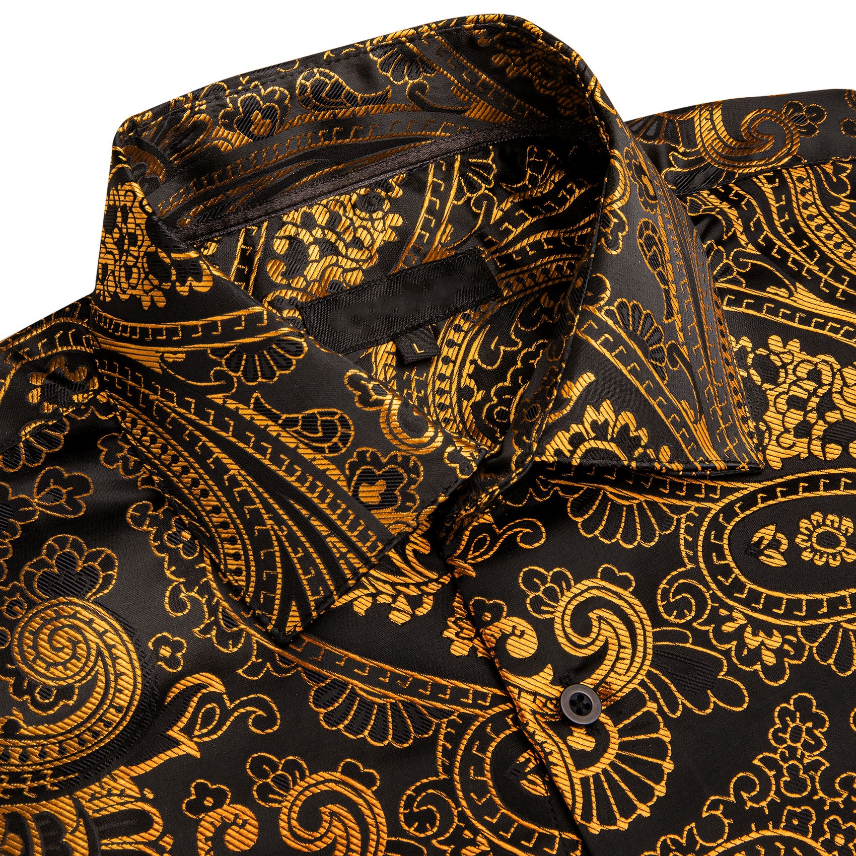 Golden Black Paisley Floral Silk Men's Long Sleeve Shirt