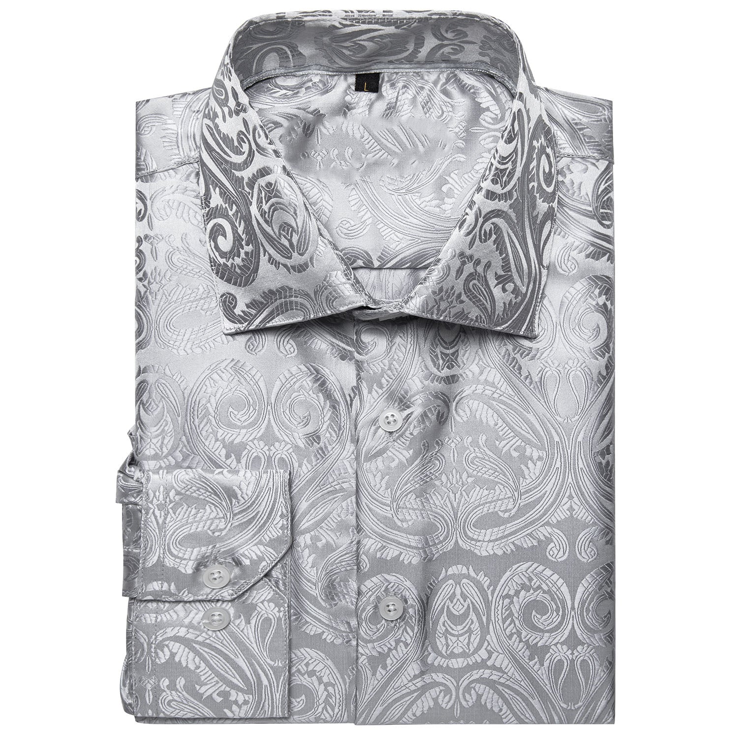 Silver White Floral Silk Men's Long Sleeve Shirt