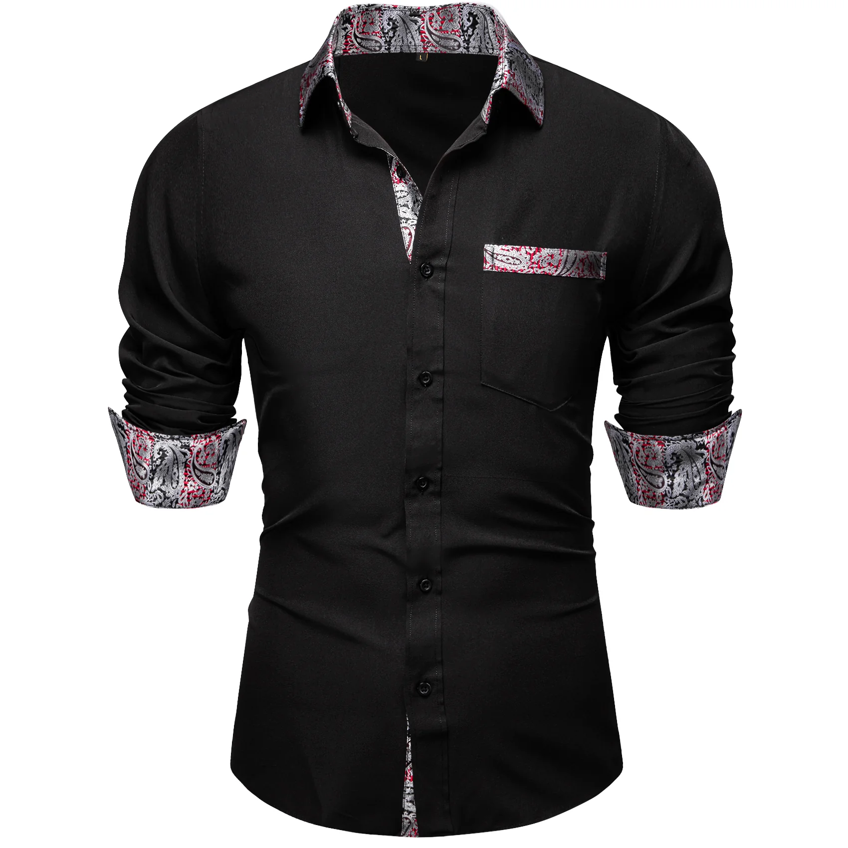 Splicing Style Black with Silver Paisley Edge Men's Solid Long Sleeve Shirt
