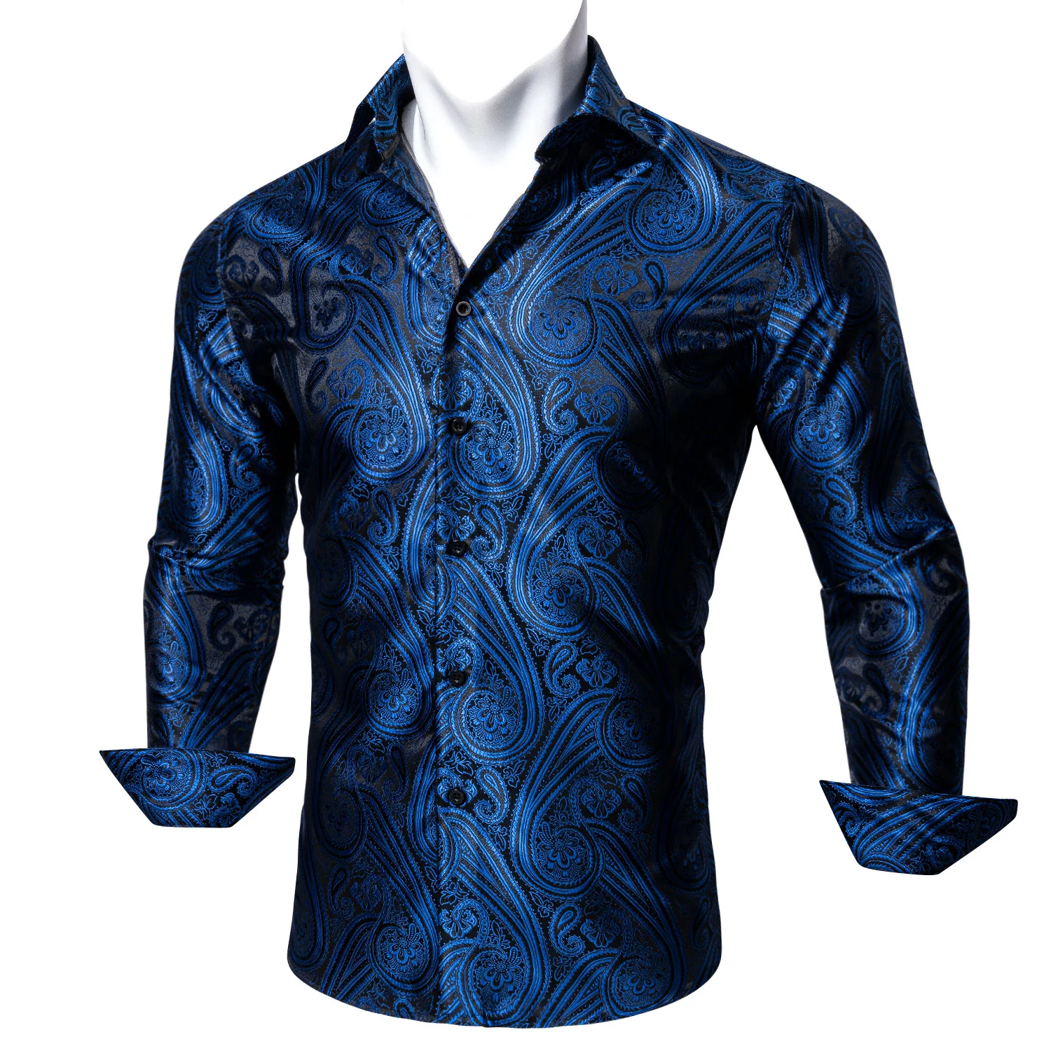 New Blue Black Paisley Style Silk Men's Long Sleeve Shirt