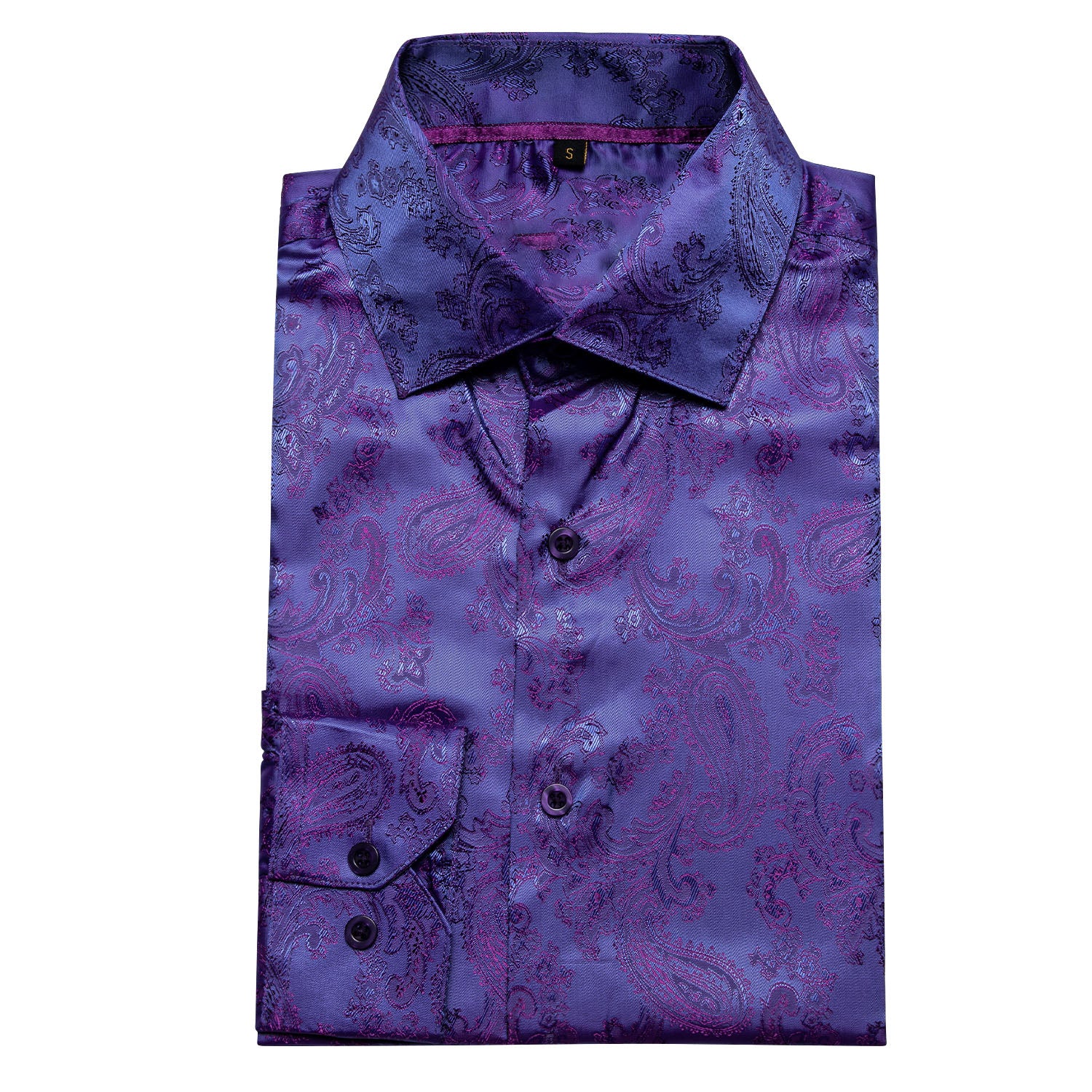 Shiny Blue Purple Paisley Pattern Silk Men's Long Sleeve Shirt