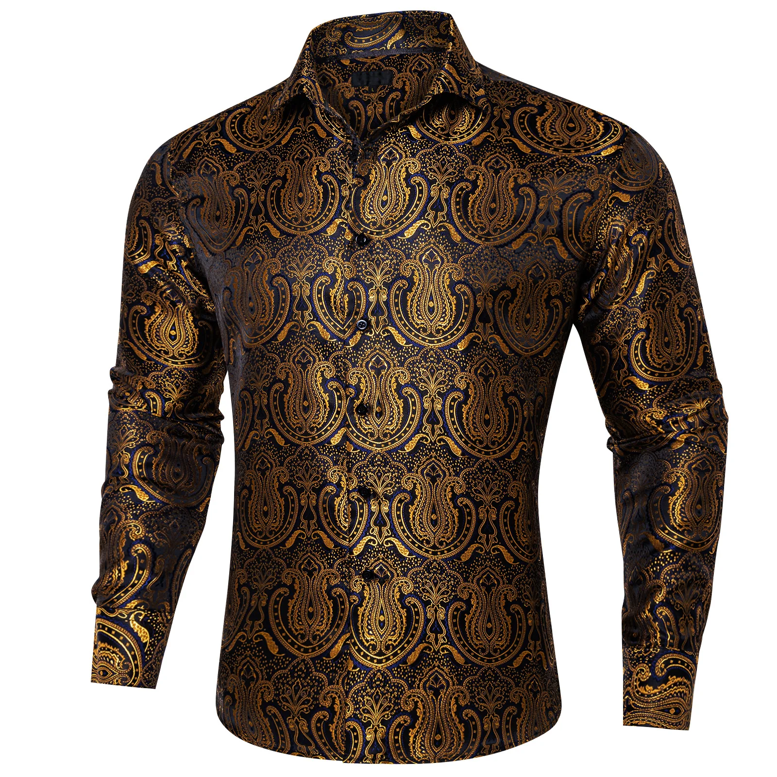 New Golden Black Paisley Silk Men's Long Sleeve Shirt