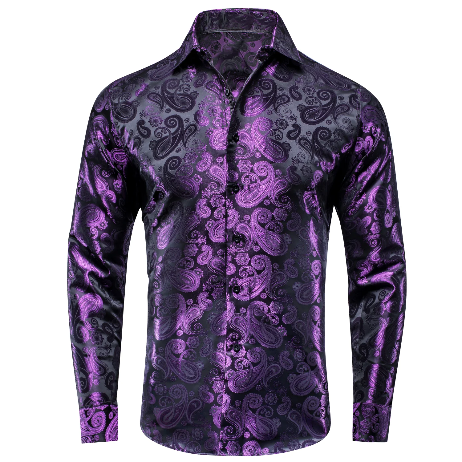 Luxury Purple Paisley Pattern Silk Men's Long Sleeve Shirt