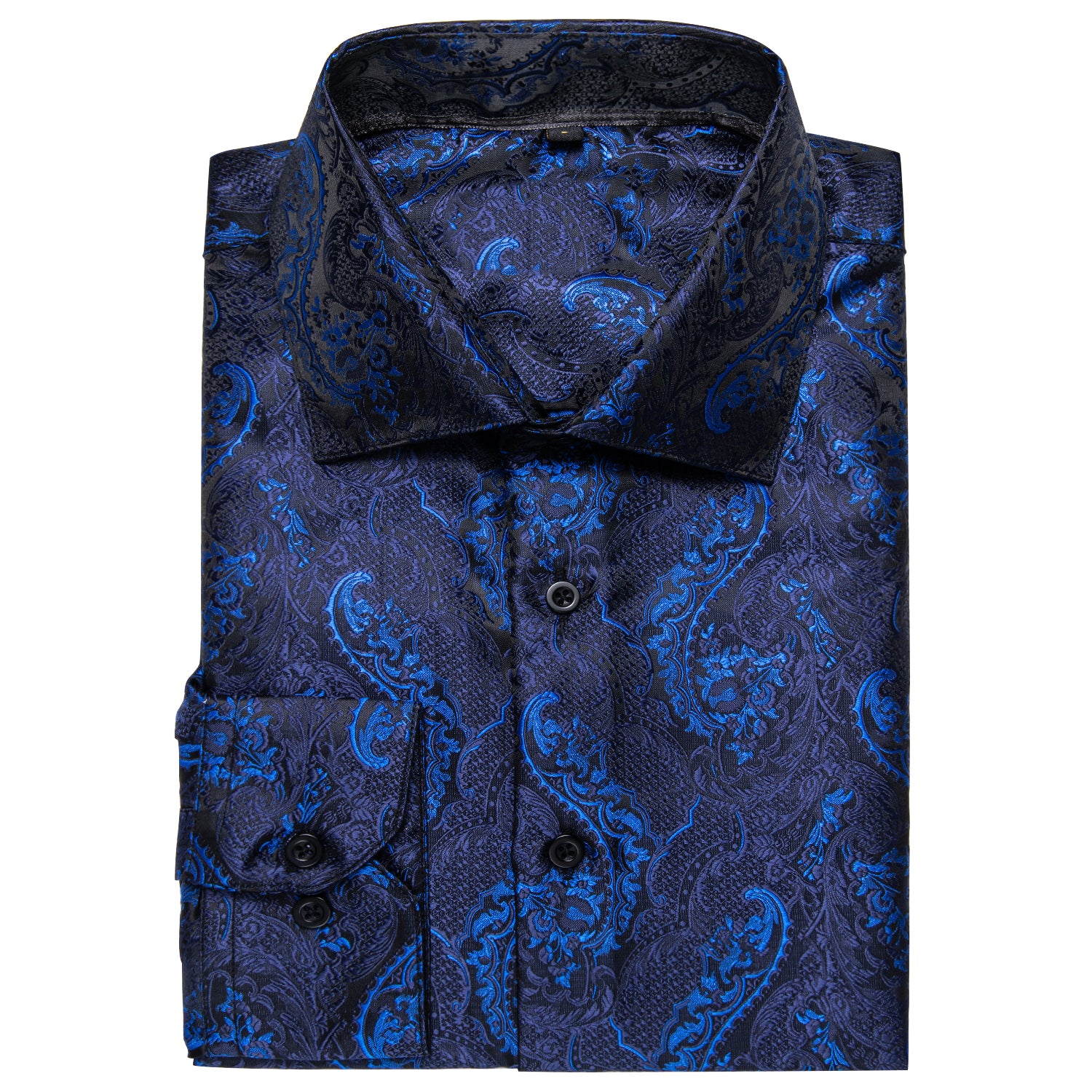 Dark Blue Paisley Silk Men's Long Sleeve Shirt