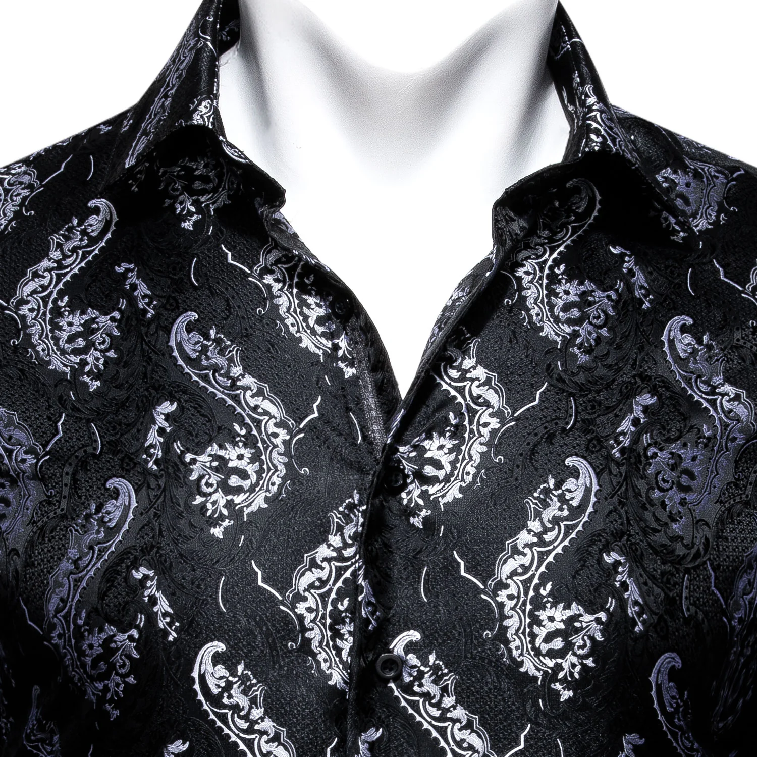 New Black White Floral Style Silk Men's Long Sleeve Shirt