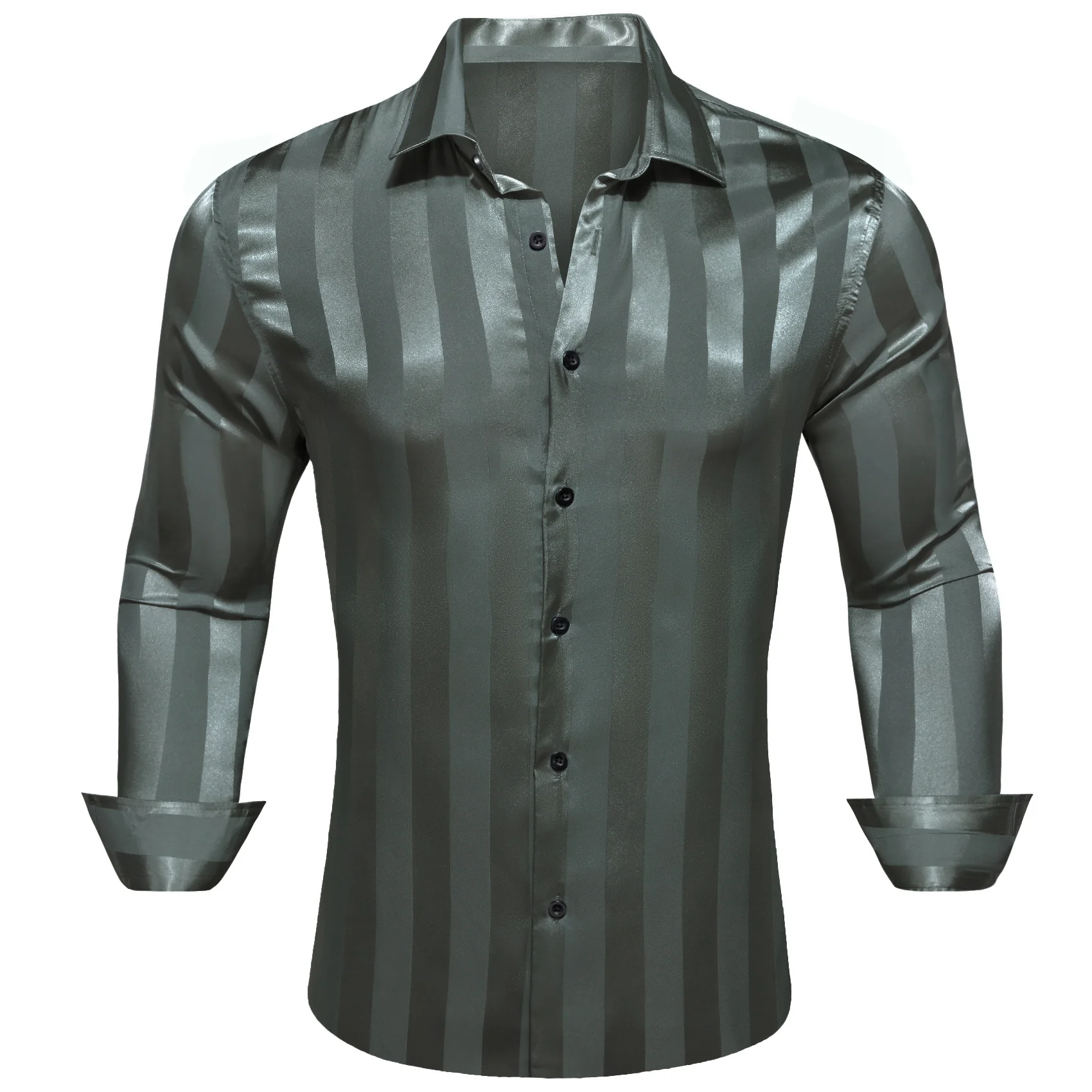 Olive Green Striped Shiny Satin Men's Long Sleeve Shirt