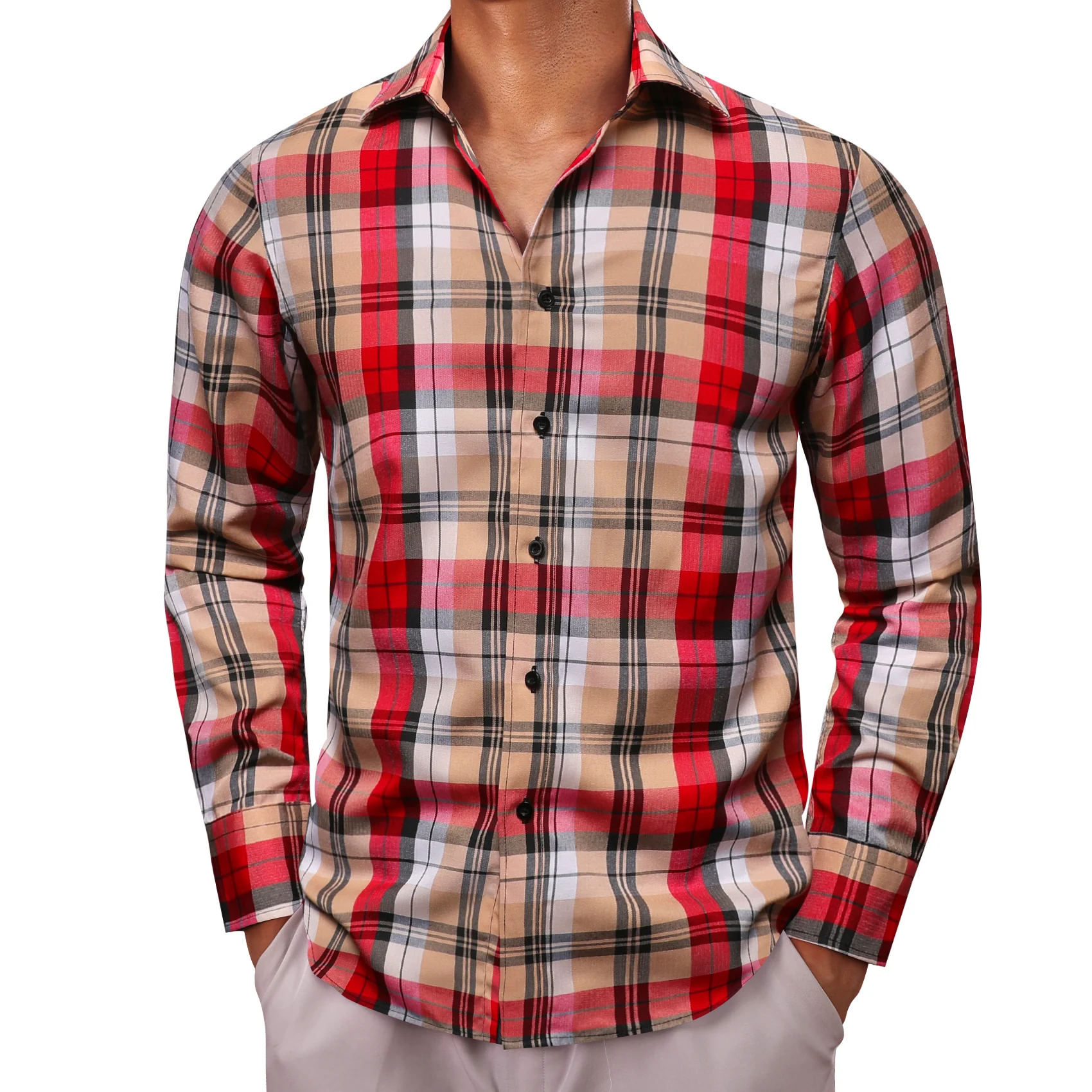 Red Brown Plaid Men's Long Sleeve Work Shirt