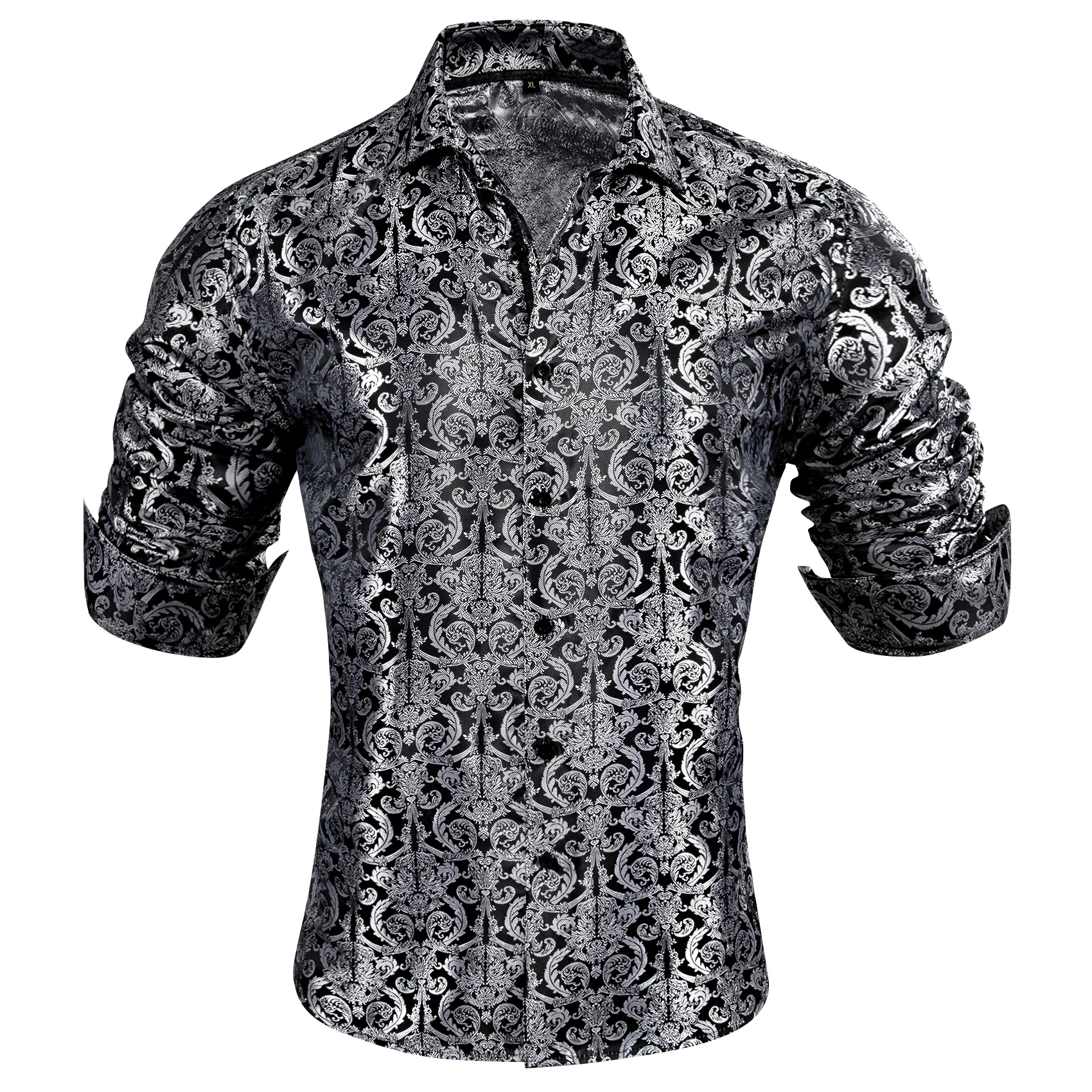 Black Grey Floral Pattern Silk Men's Long Sleeve Shirt