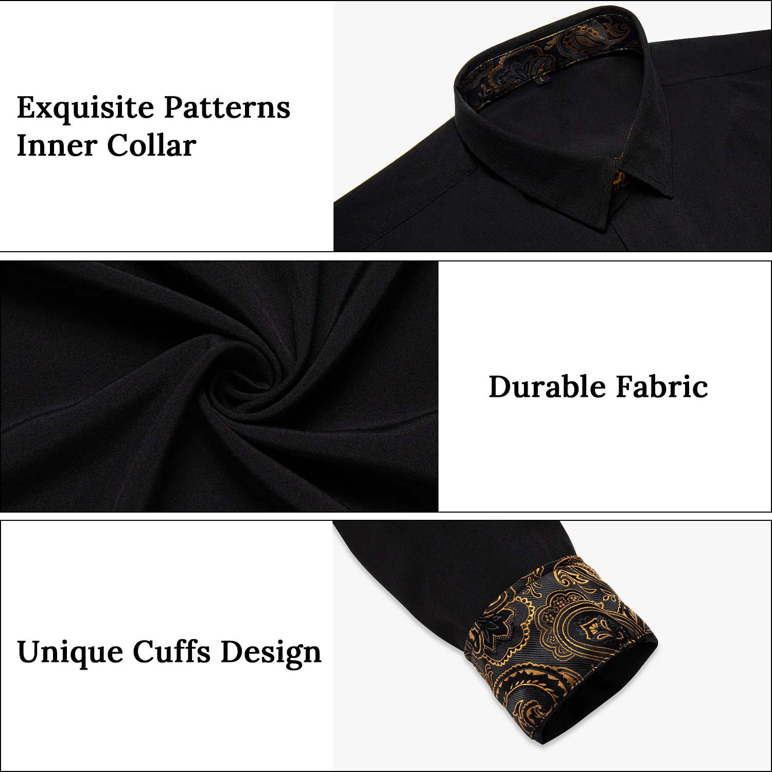 New Splicing Style Black with Golden Paisley Edge Men's Long Sleeve Shirt