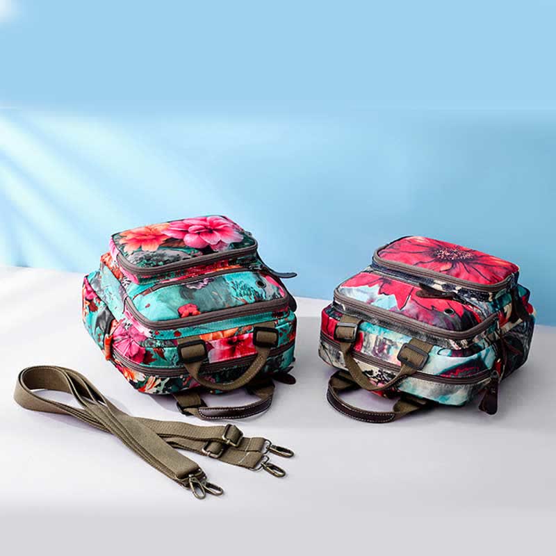 Multifunctional Waterproof Flower Printing Backpack Floral Diaper Bag Crossbody Bag