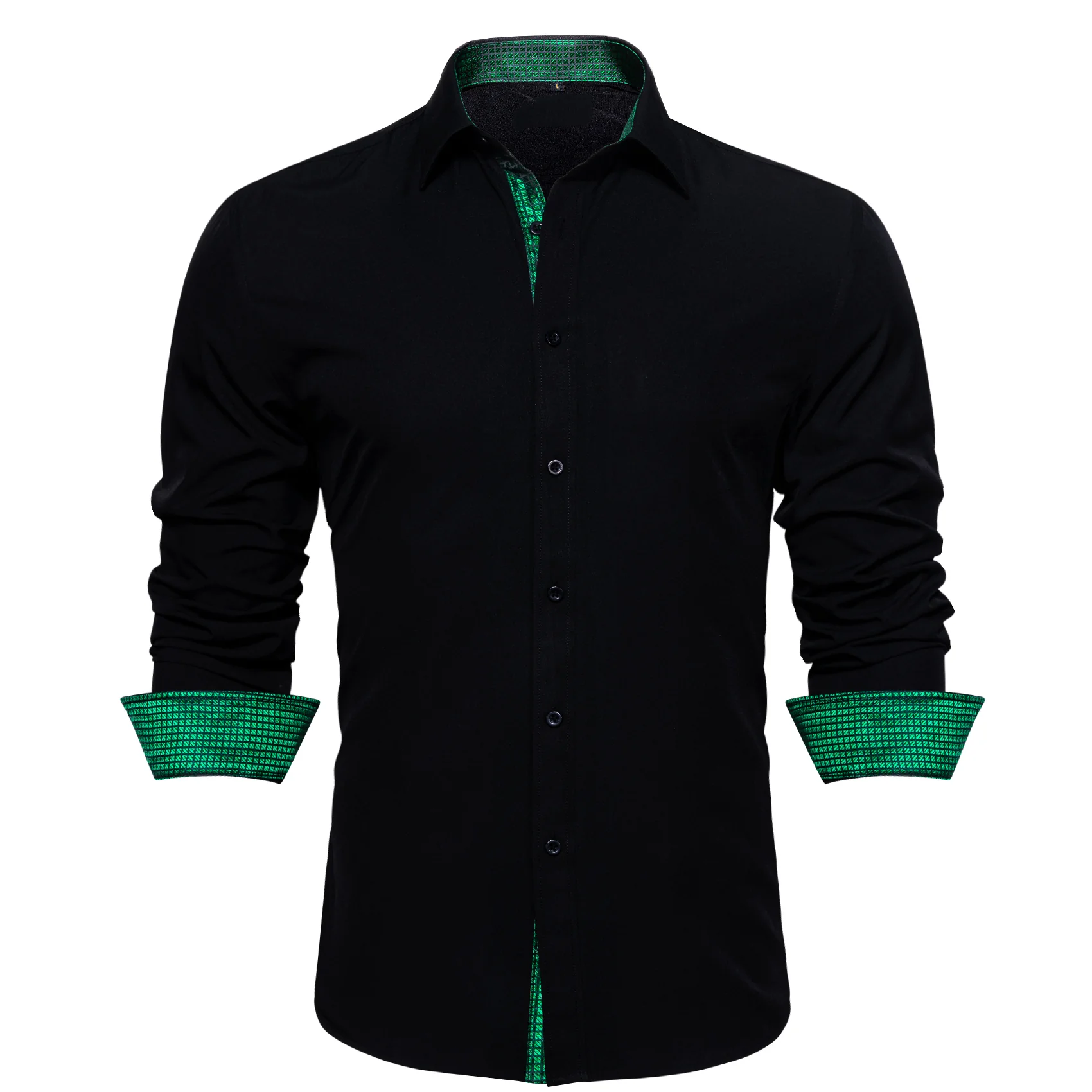 New Splicing Style Black with Green Plaid Edge Men's Long Sleeve Shirt