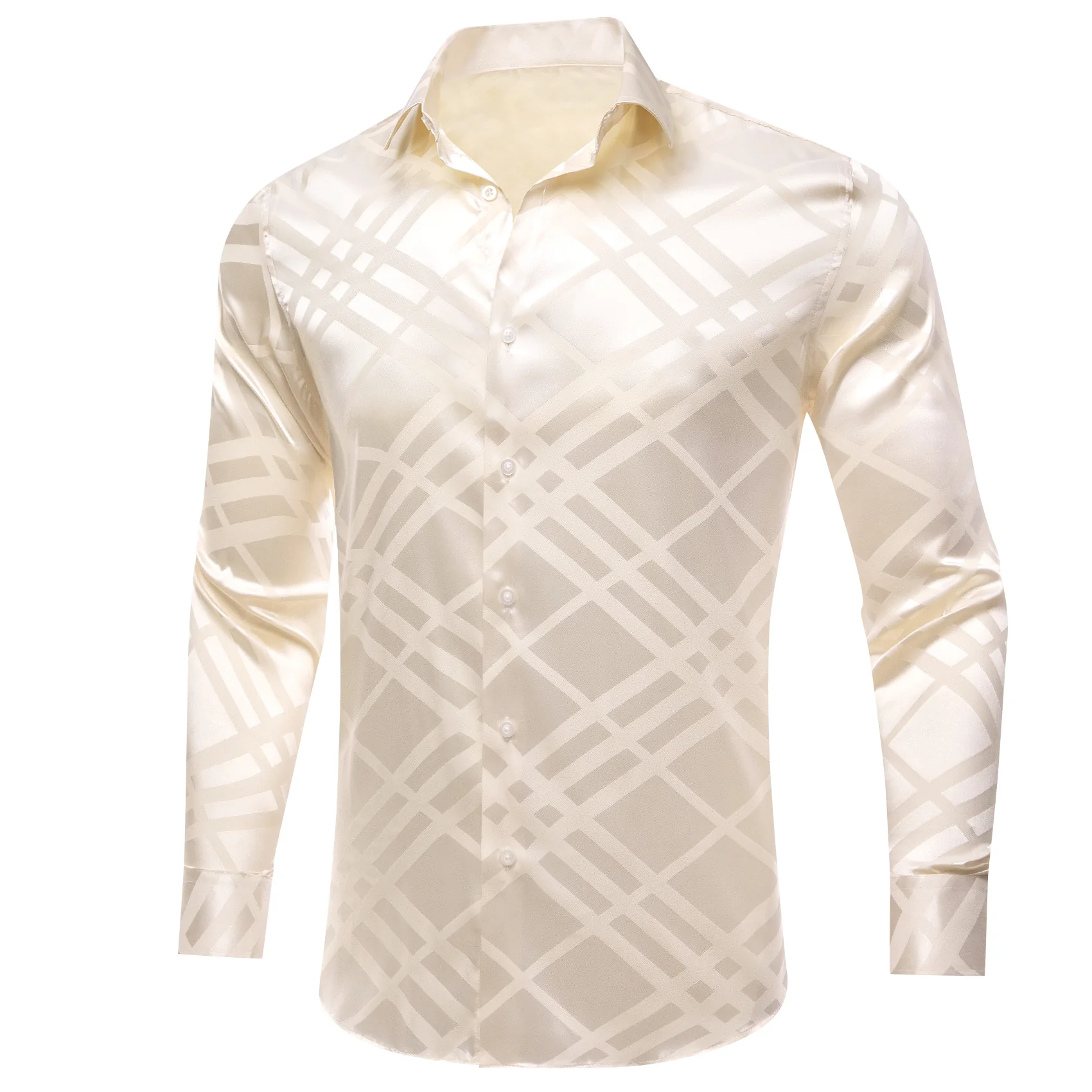 Beige Plaid Silk Men's Long Sleeve Shirt