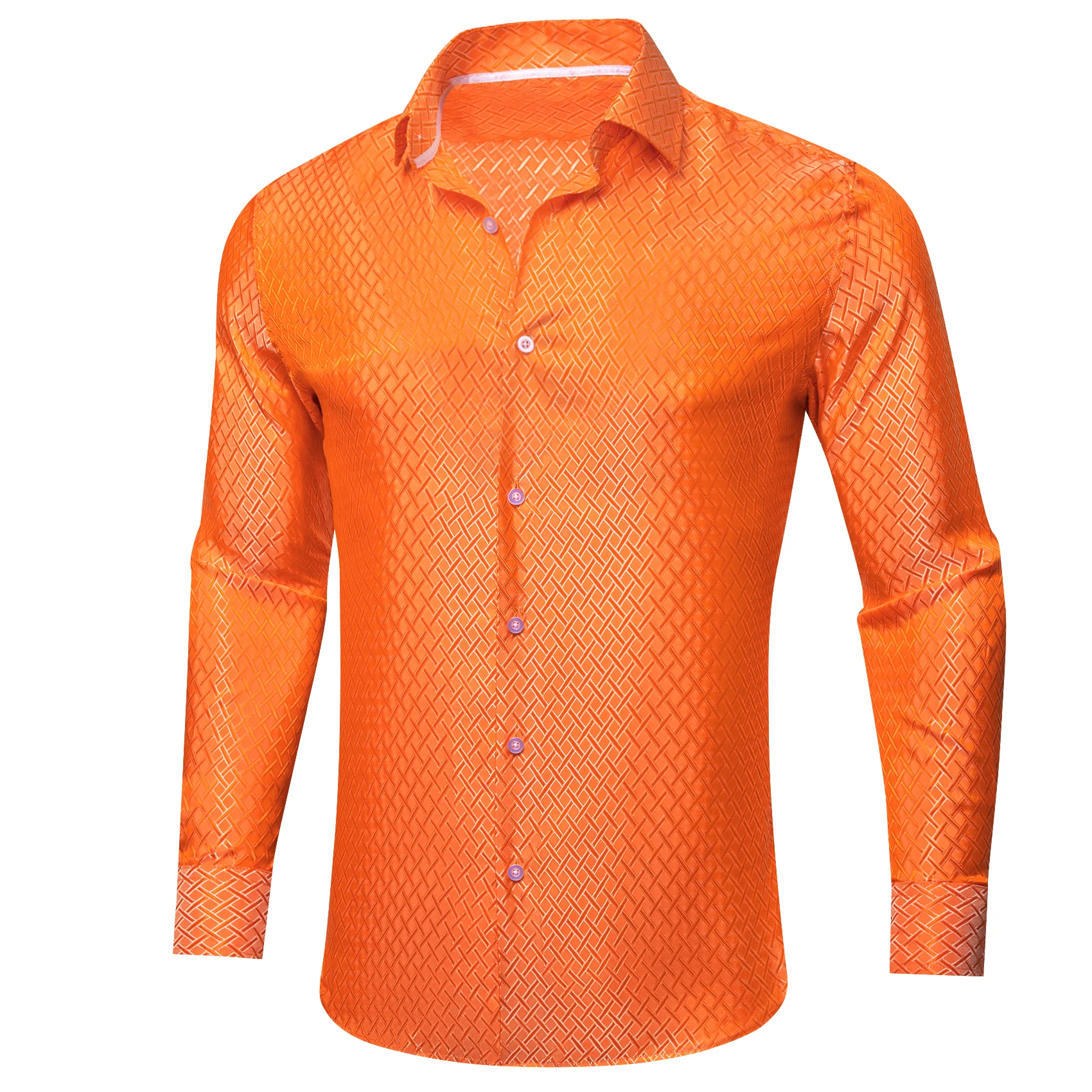 Bright Orange Plaid Silk Men's Long Sleeve Shirt