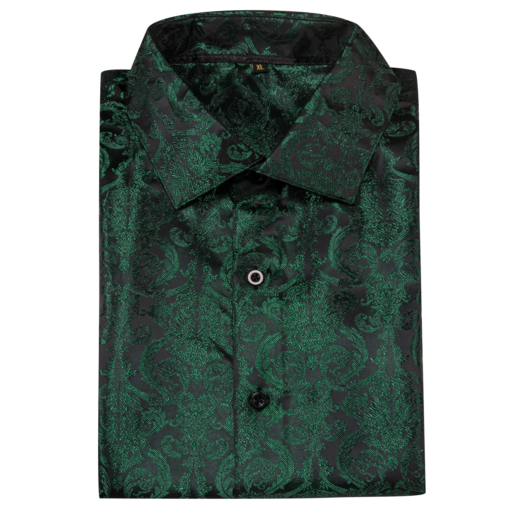 New Dark Green Floral Pattern Silk Men's Long Sleeve Shirt