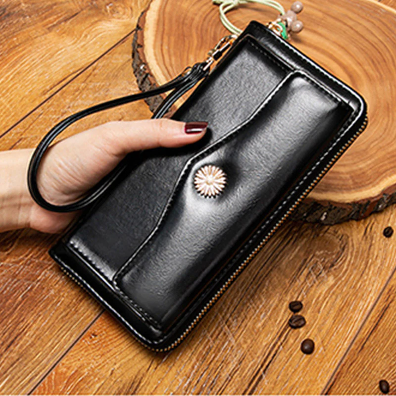 Women Leather Wallet Large Capacity Zipper Around Wristlet Bags Phone Holder