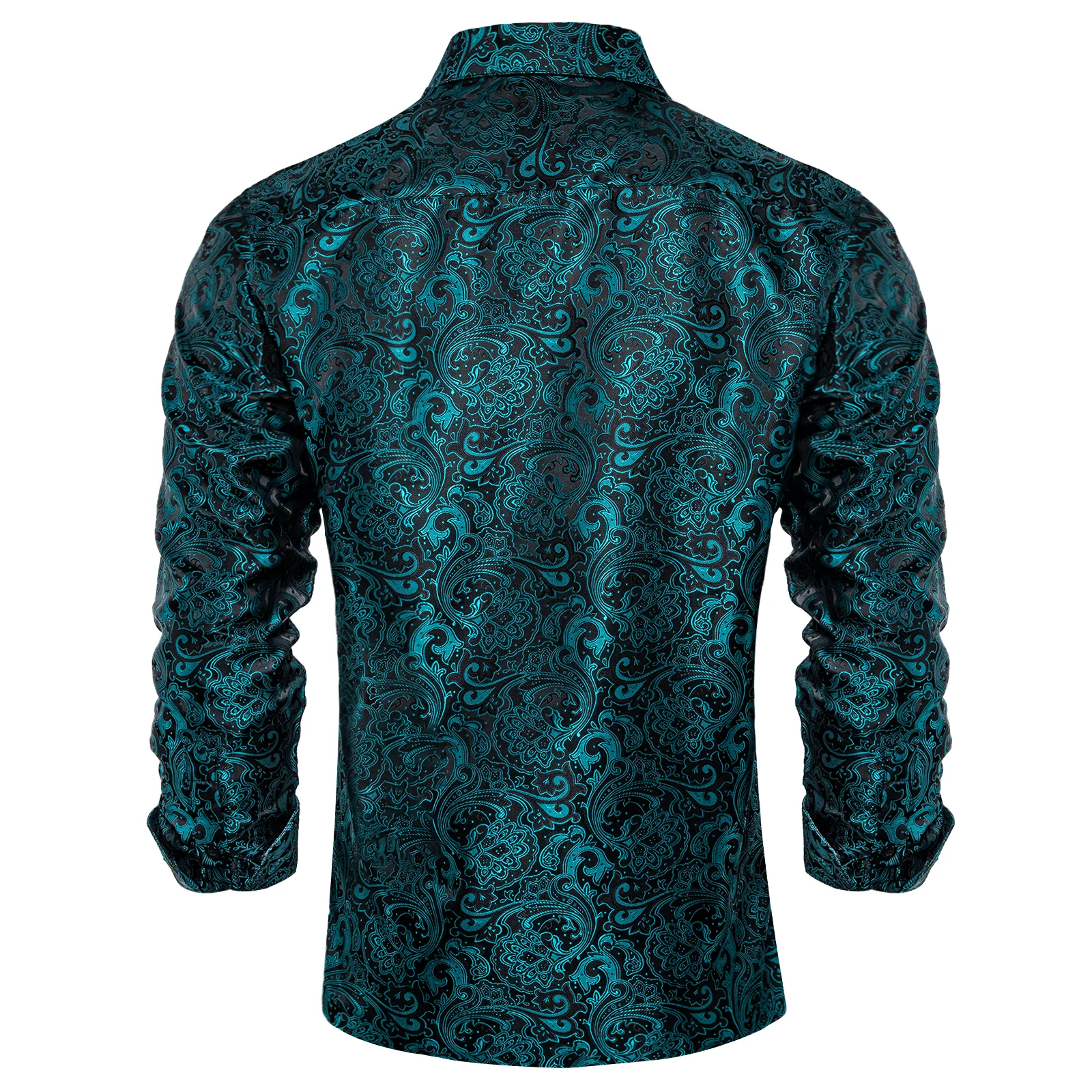 Black Teal Blue Floral Silk Men's Long Sleeve Shirt