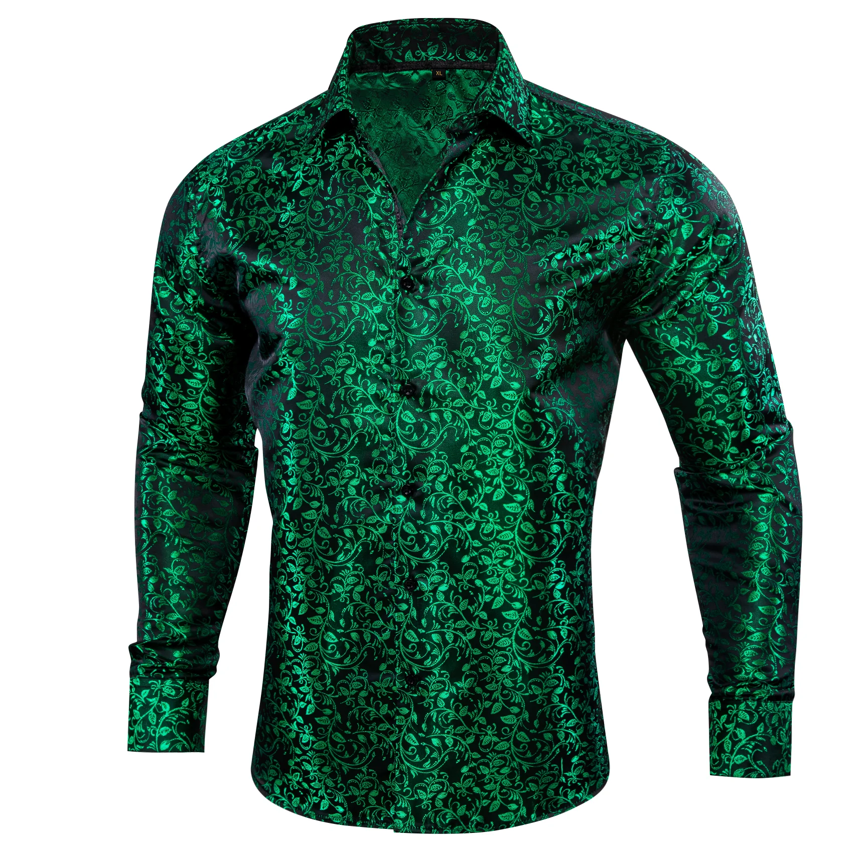 Black Green Floral Pattern Silk Men's Long Sleeve Shirt