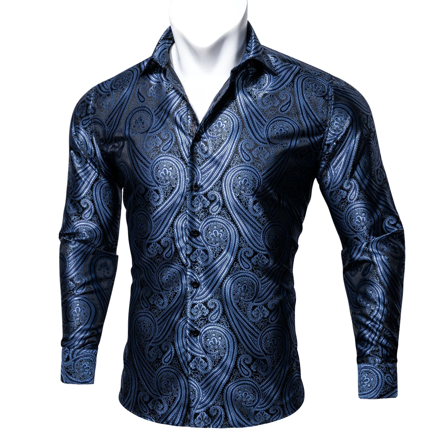 New Grey Blue Paisley Style Silk Men's Long Sleeve Shirt