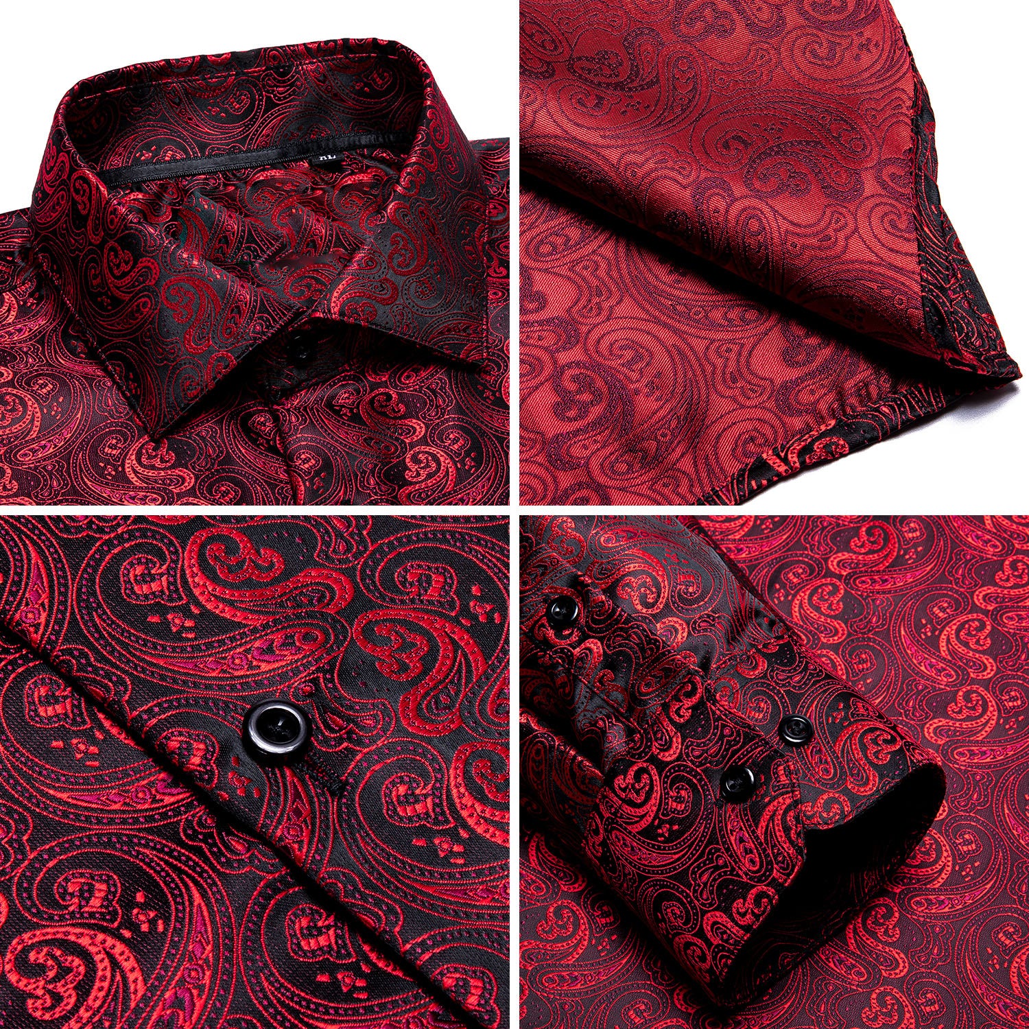 New Red Black Paisley Silk Men's Long Sleeve Shirt