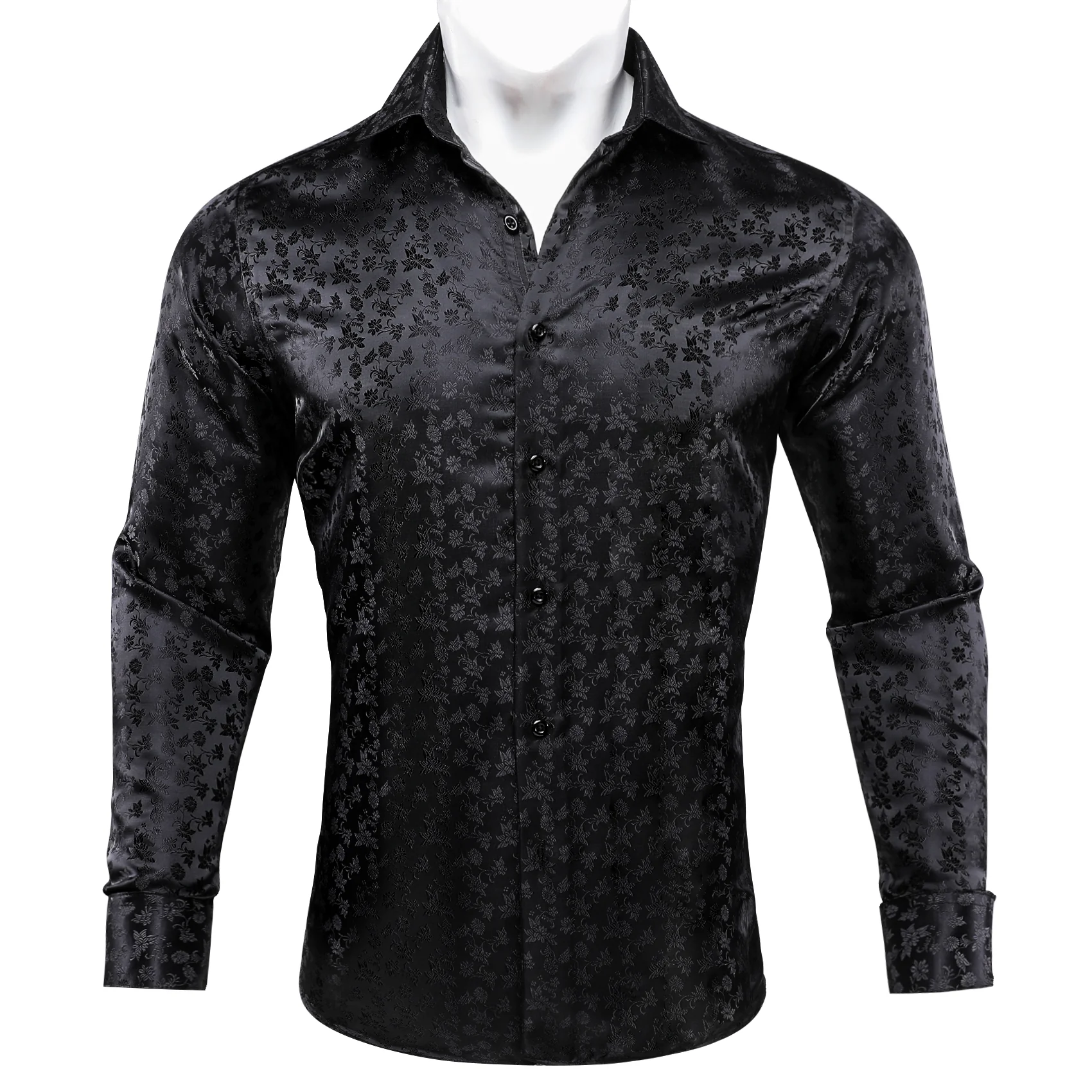 Black Floral Silk Men's Long Sleeve Shirt