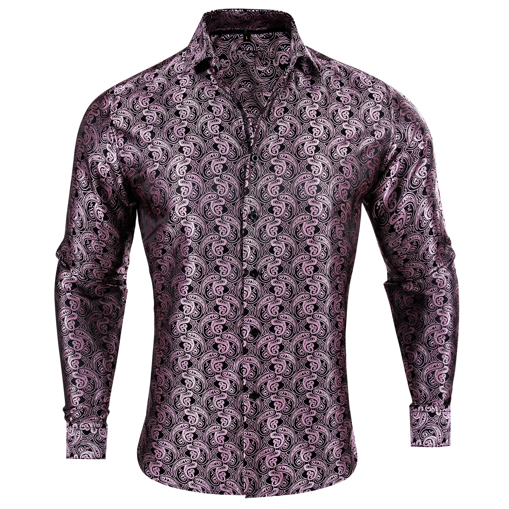 Pink Black Paisley Style Silk Men's Long Sleeve Shirt