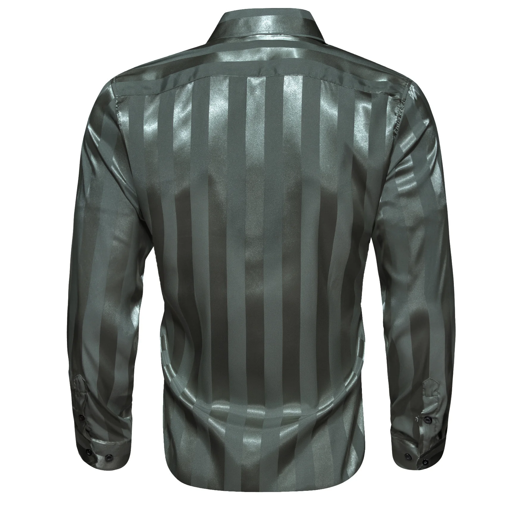 Olive Green Striped Shiny Satin Men's Long Sleeve Shirt
