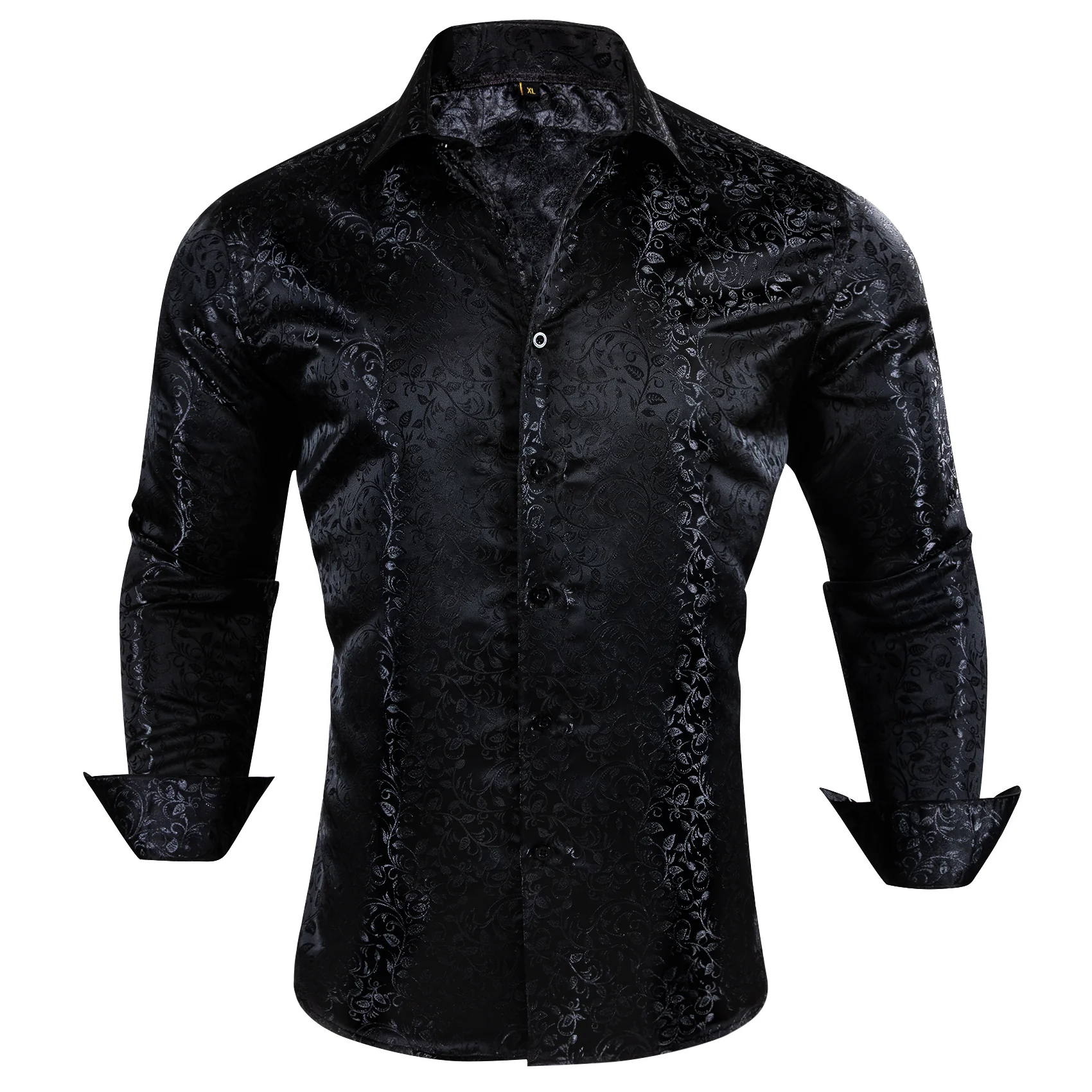 Black Floral Pattern Silk Men's Long Sleeve Shirt
