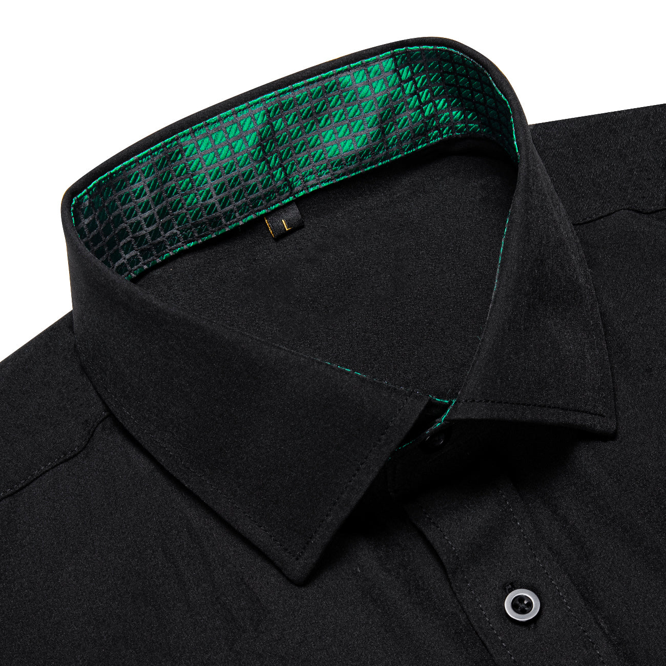 Splicing Style Black with Green Plaid Edge Men's Solid Long Sleeve Shirt
