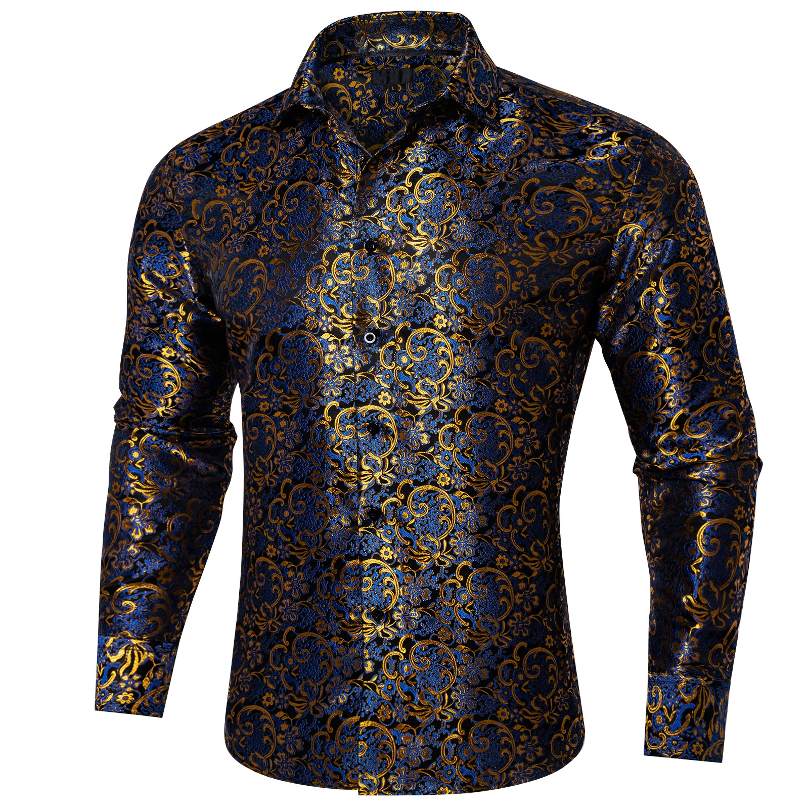 Blue Golden Floral Silk Men's Long Sleeve Shirt