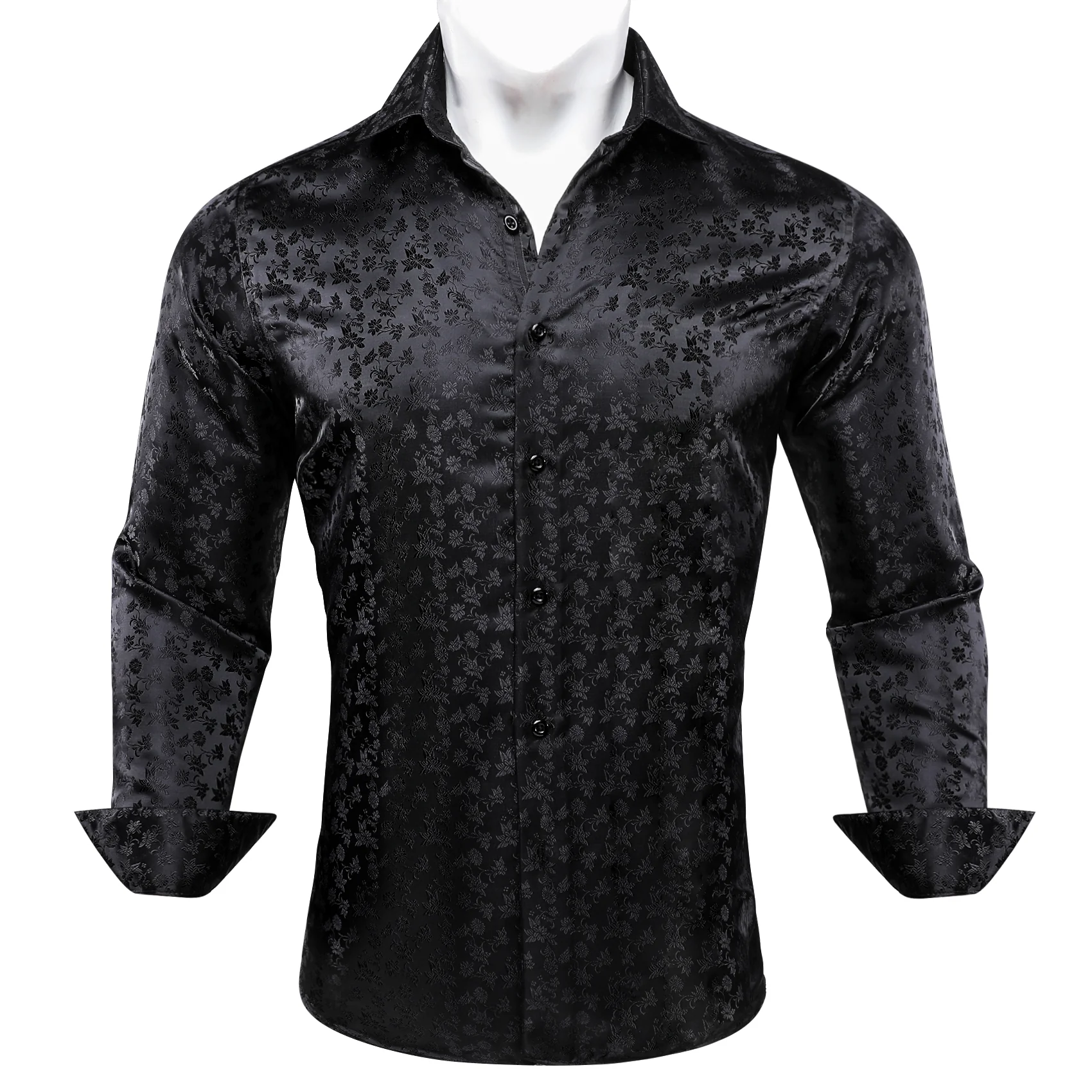 Black Floral Silk Men's Long Sleeve Shirt