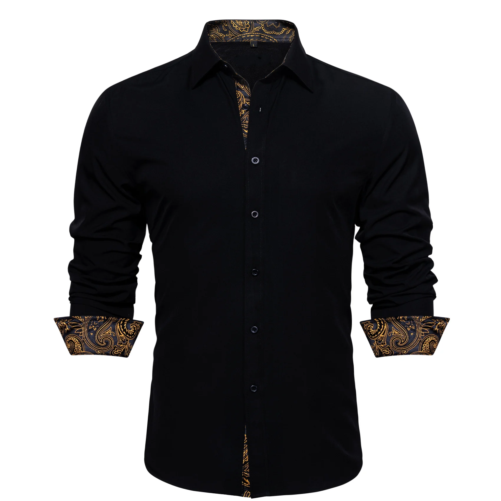New Splicing Style Black with Golden Paisley Edge Men's Long Sleeve Shirt