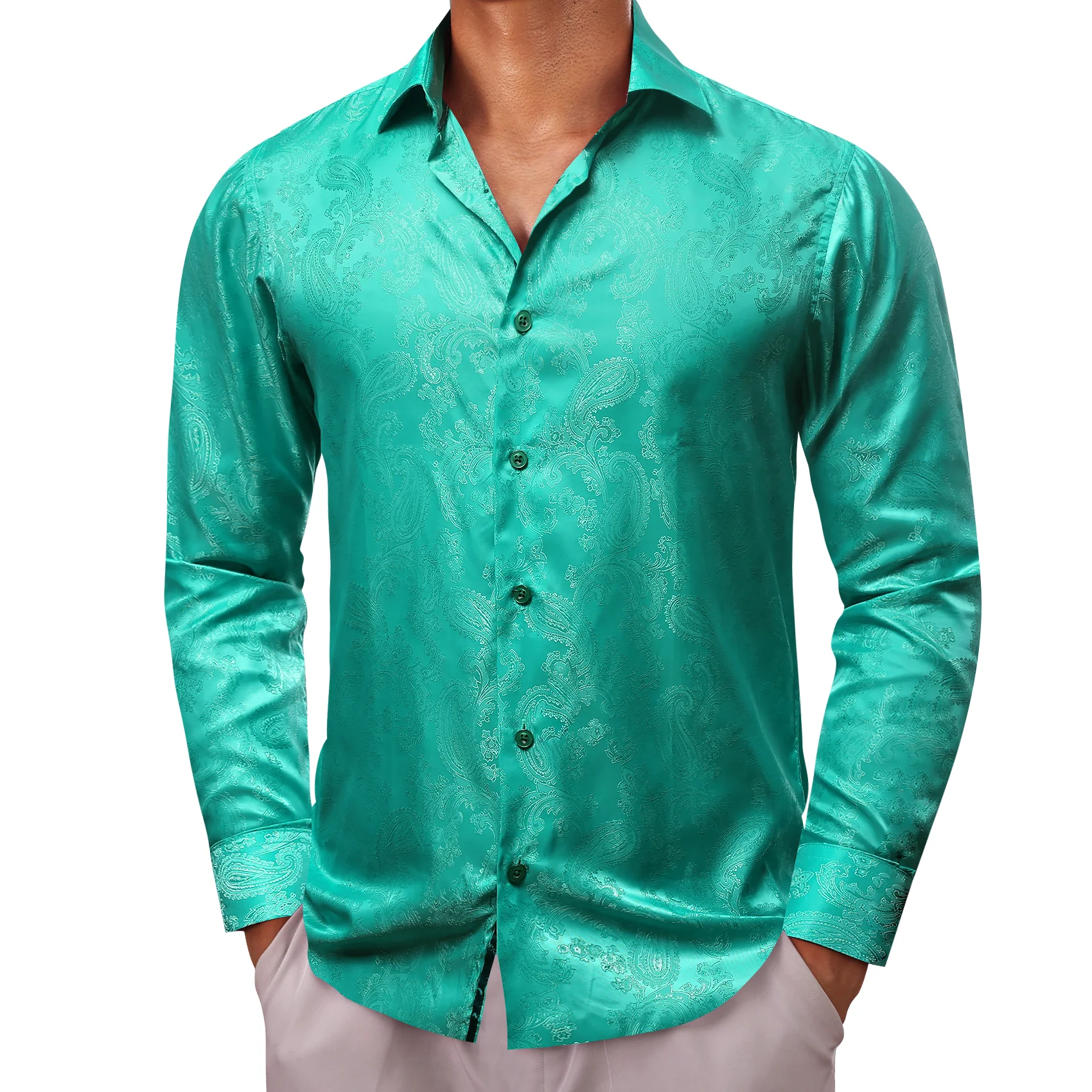 Green Paisley Style Casual Silk Men's Long Sleeve Button Shirt