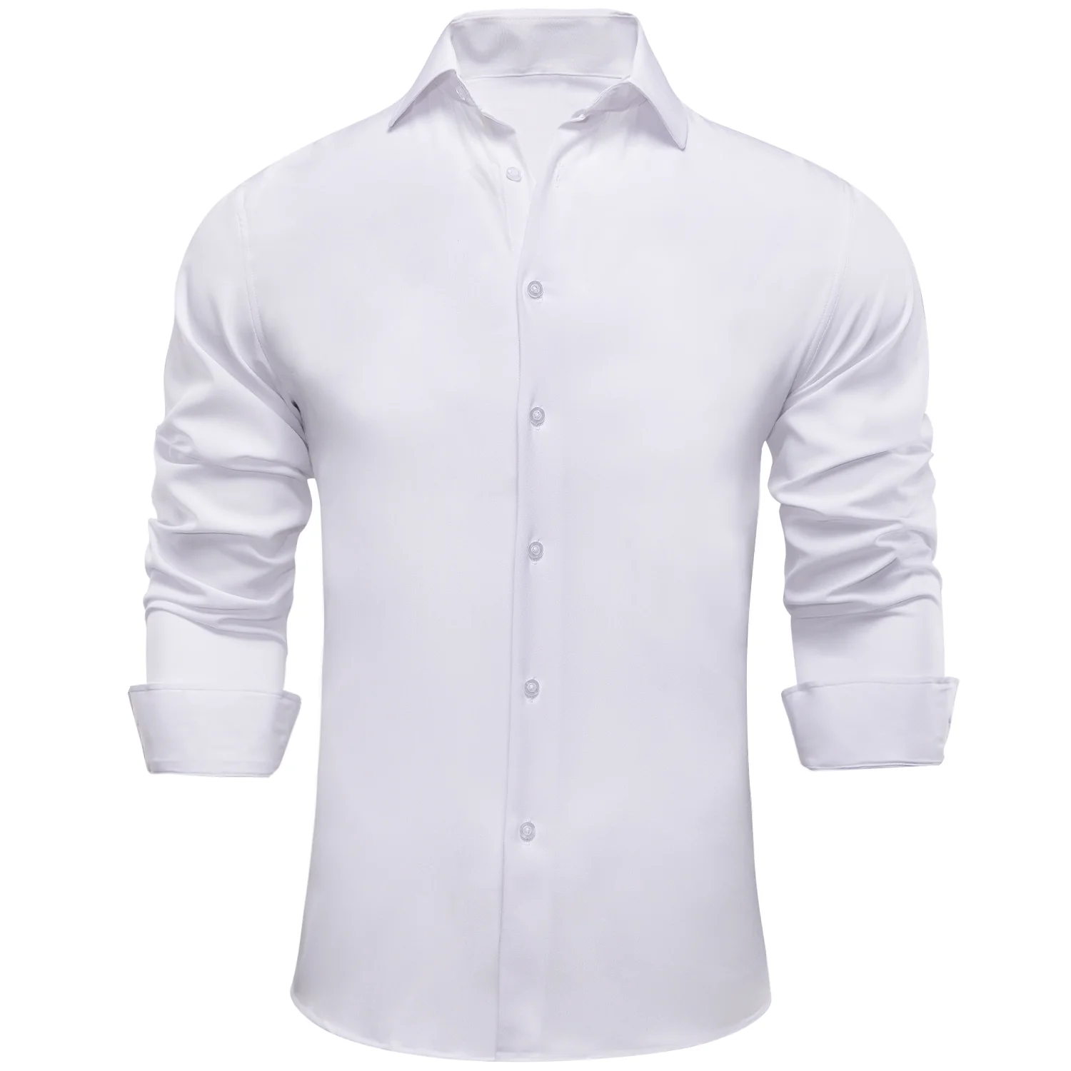 Pure White Solid Cotton Stretchy Fabric Men's Long Sleeve Shirt