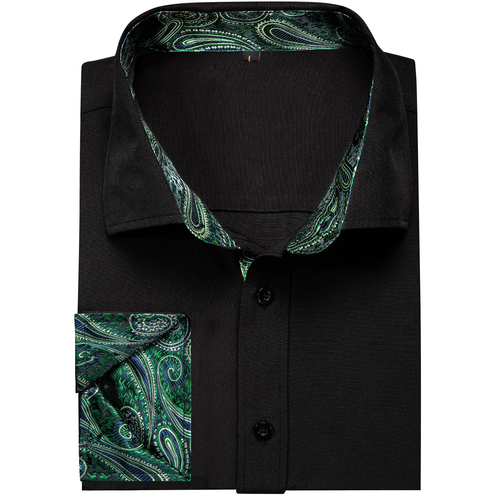 Splicing Style Black with Green Paisley Edge Men's Solid Long Sleeve Shirt
